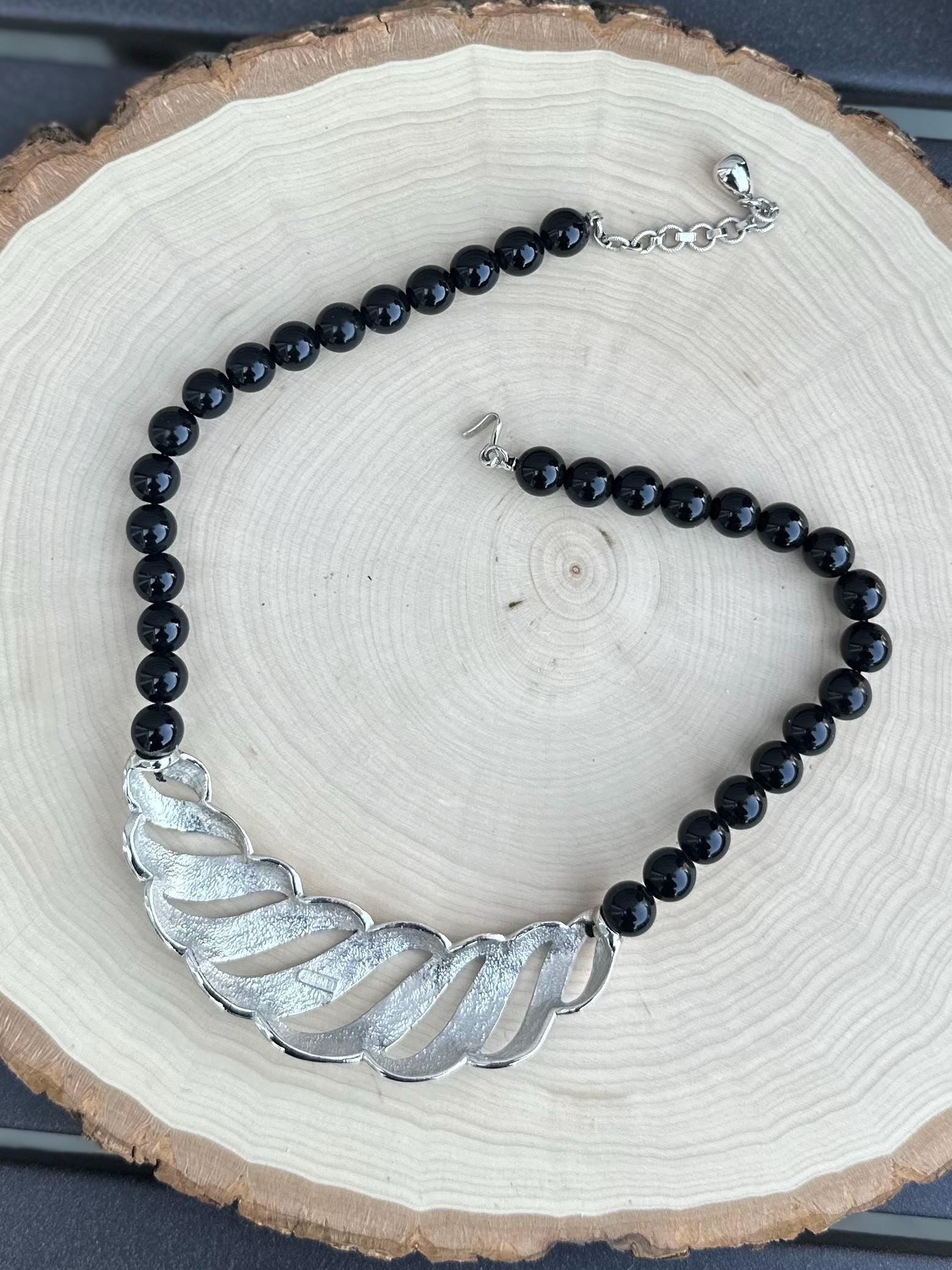 Vintage 1980s Signed MONET Black & Silver Tone Beaded Collar Bib Necklace 18” Adjustable