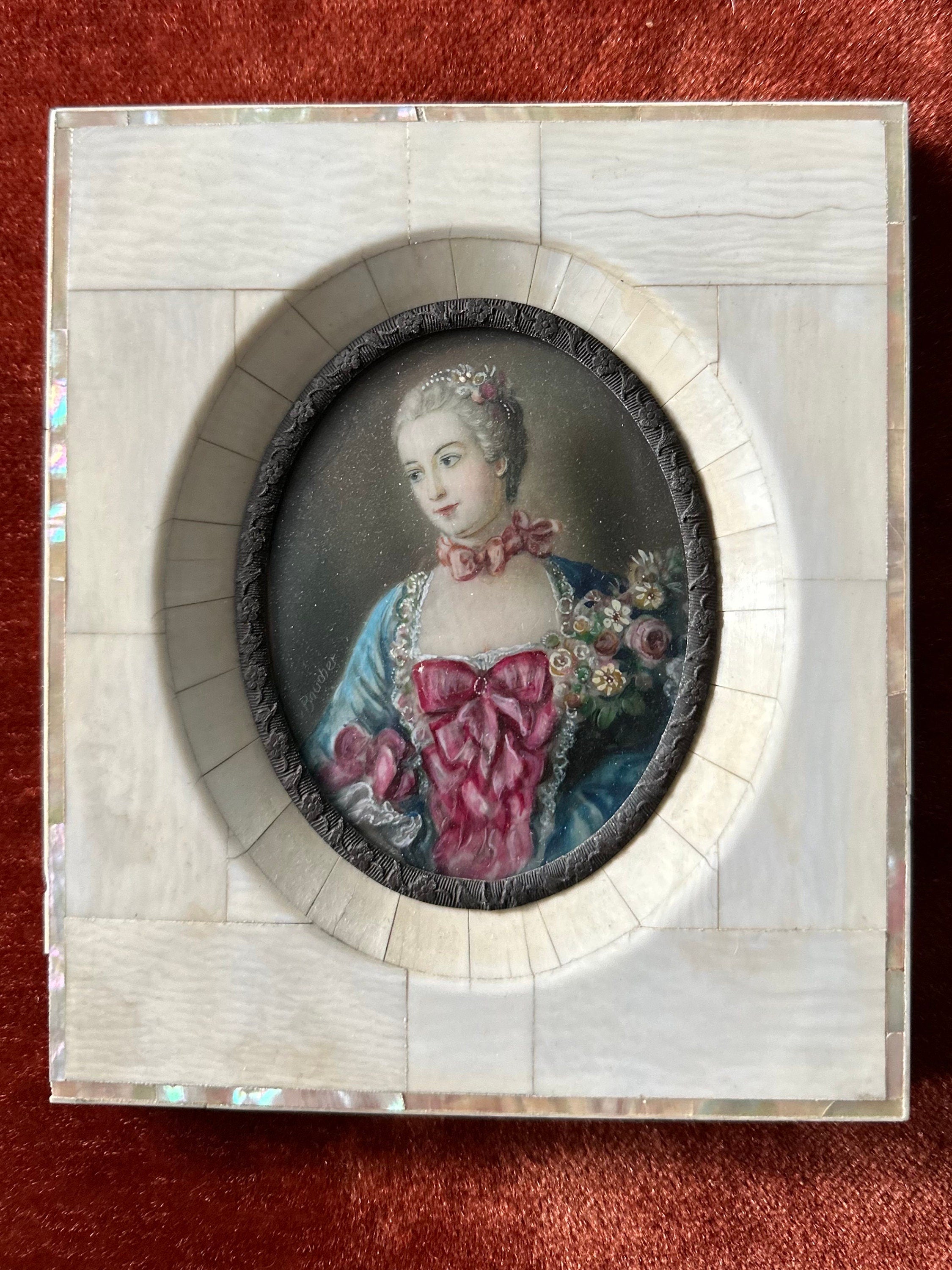 Antique 19th Century Hand Painted & Finely Detailed French Portrait of a Lady Mother of Pearl Frame V. Boucher