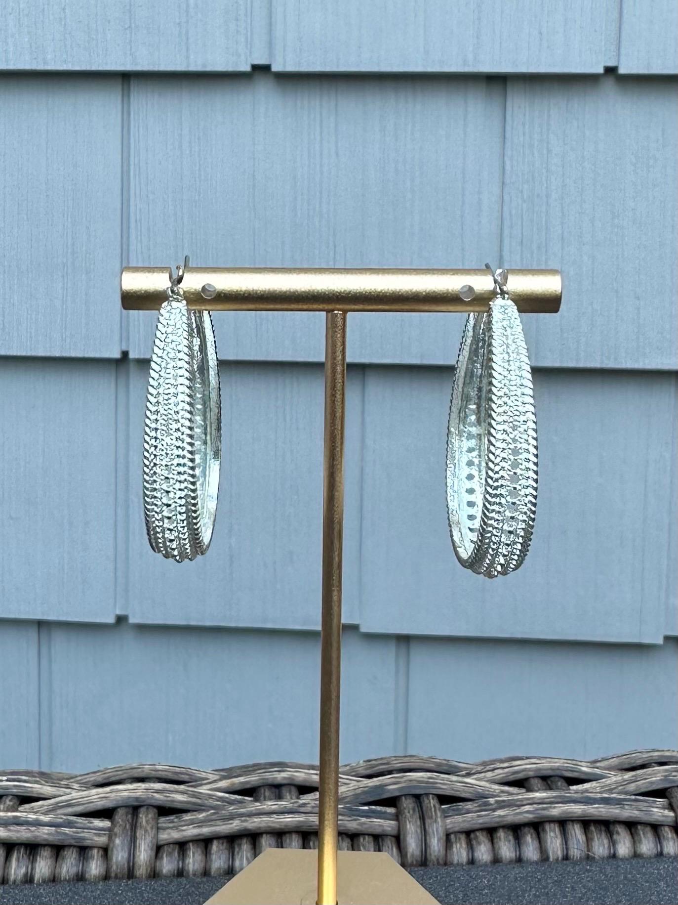 Vintage Silver Tone Textured Oval Hoop Earrings Dangle Medium Size