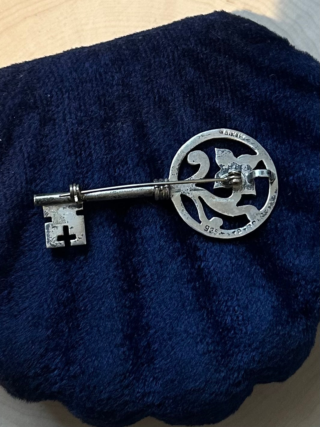 Vintage Signed Taxco TR-70 Sterling Silver Floral Motif Skeleton Key Brooch or Pendant