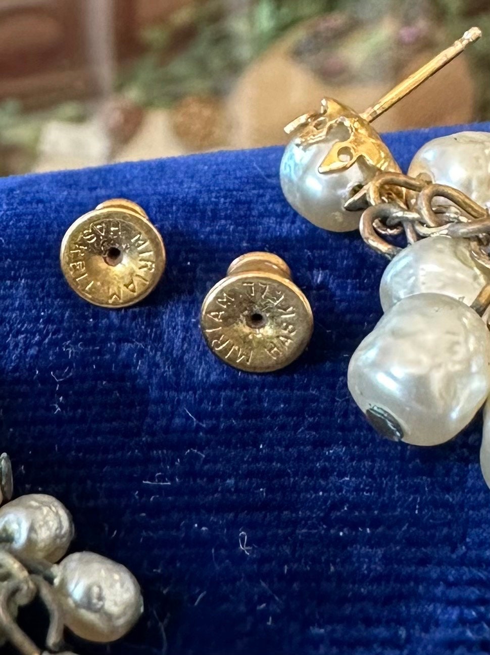 Vintage Signed Miriam Haskell Baroque Faux Pearl Cluster Dangle Earrings Gold Tone