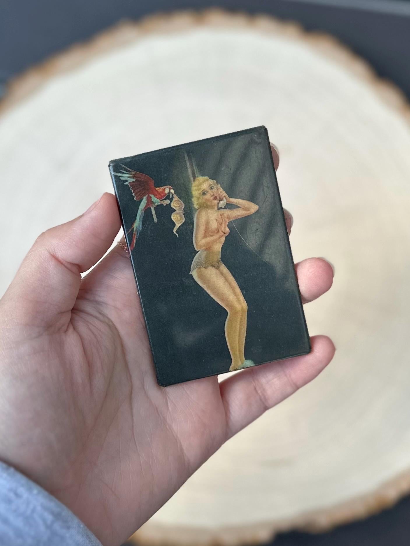 Vintage Art Deco 1930s 1940s Risque Blonde Nude Pin-Up Parrot Rectangle Pocket Mirror RARE