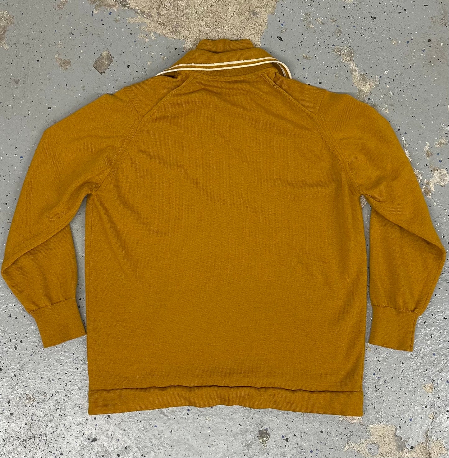 1960s 1970s Mustard Yellow White Stripe Mock Neck Collared Long Sleeve Sweater