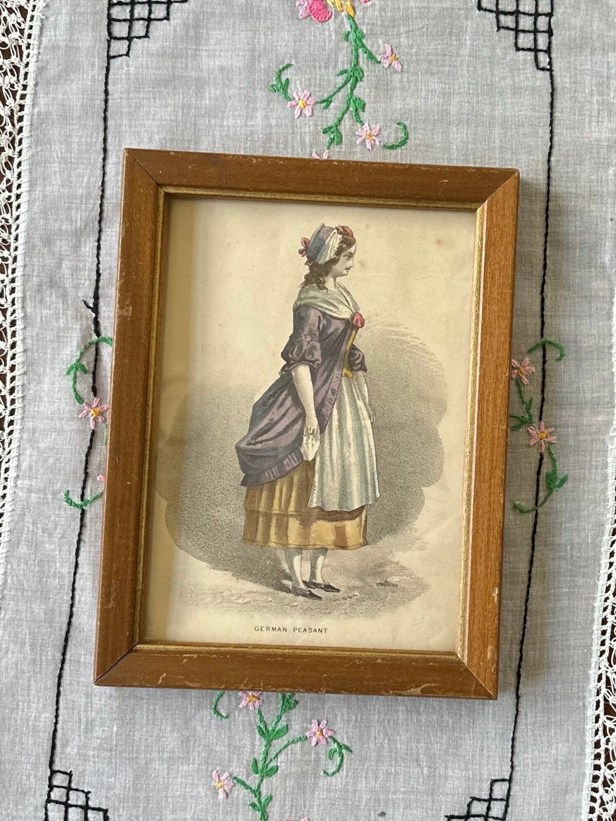 Antique 19th Century Period Fashion Print of German Peasant Girl or Woman 6x8