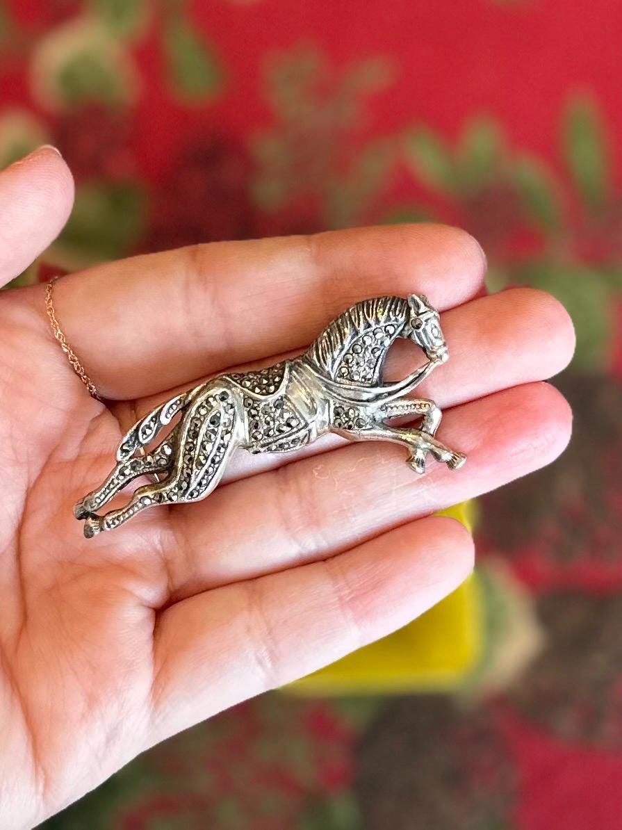 Vintage 1980s 1990s Signed BOMA Sterling Silver & Marcasite Galloping Horse with Reigns Brooch Equestrian