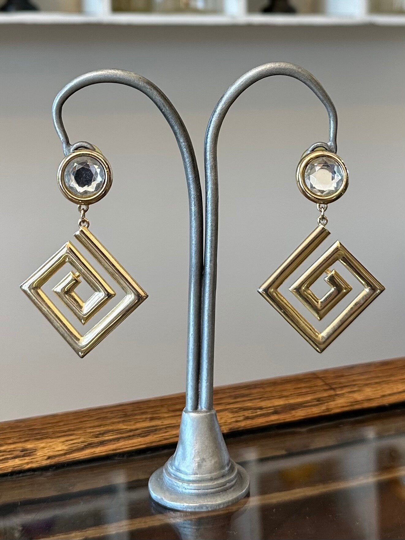 Vintage 1980s Signed JJ Jonette Gold Tone Abstract Geometric Faceted Rhinestone Dangle Statement Earrings