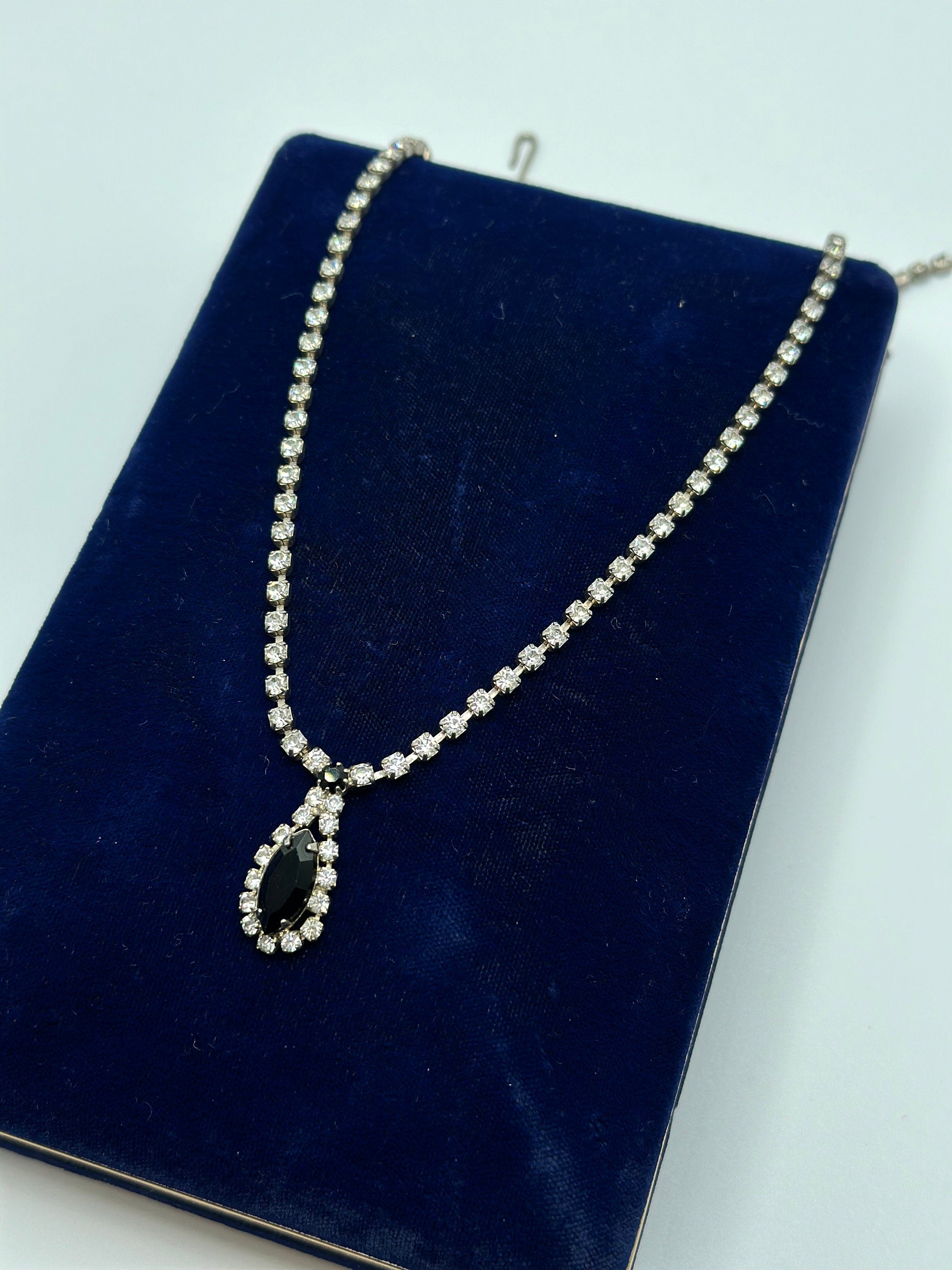 Vintage 1950s Faceted Clear and Black Glass Rhinestone Necklace Marquise Teardrop 18" | Evening Jewelry