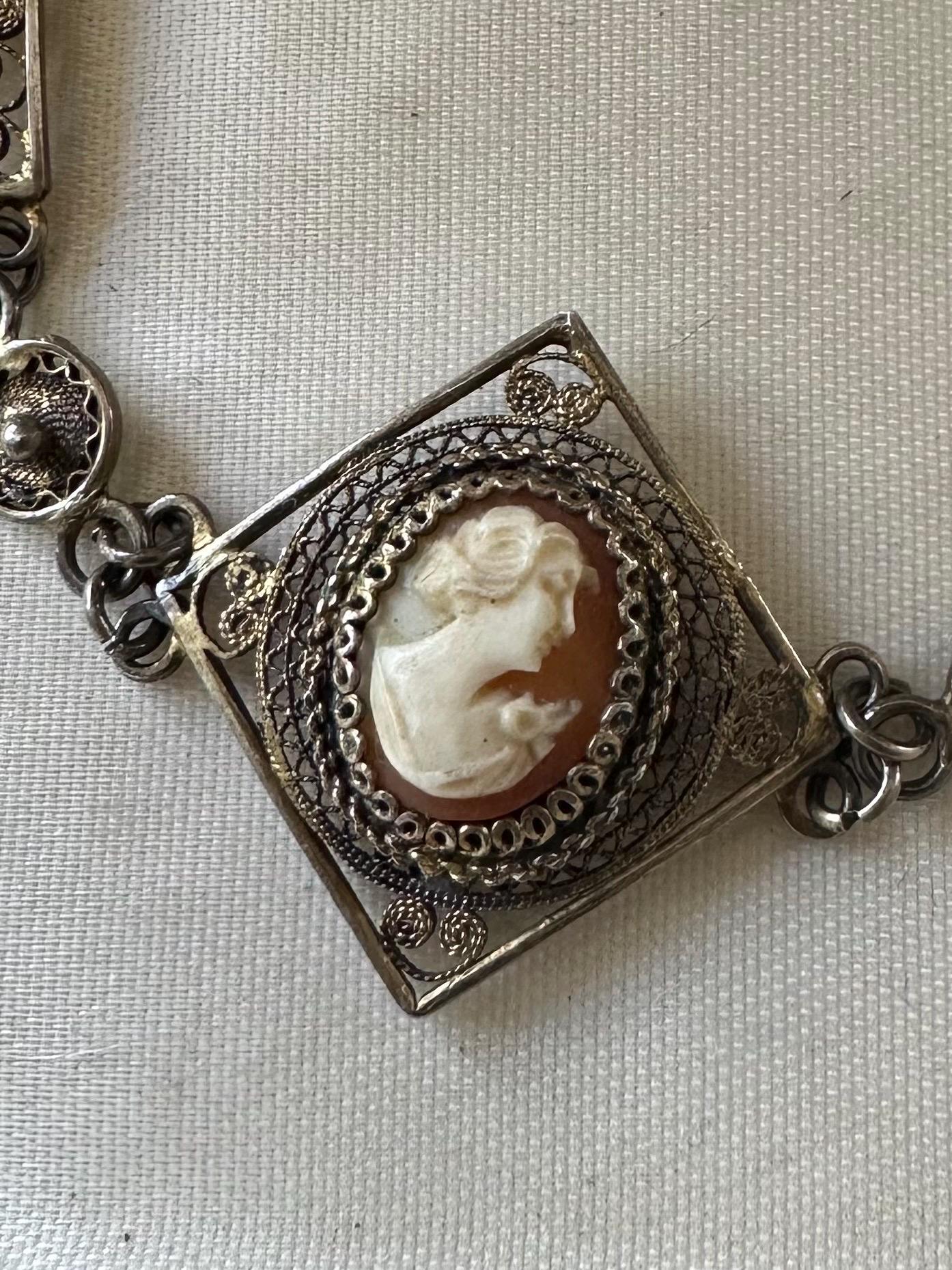 Vintage European 800 Silver Gold Gilt Delicate Filigree Hand Carved Shell Cameo Panel Link Bracelet