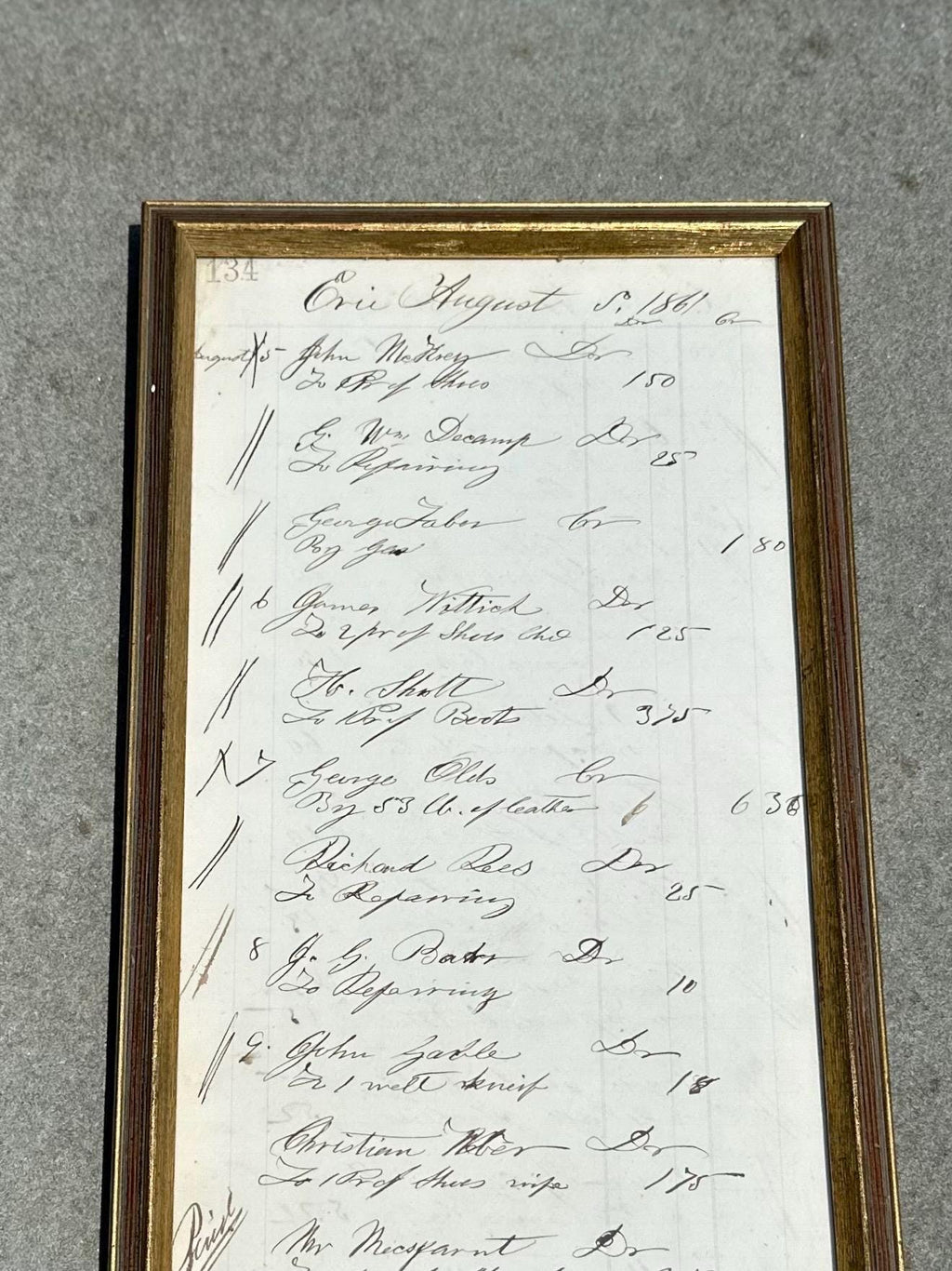 Vintage Framed 19th Century Store Sales Ledger Dated August 1861 Antique Ephemera 16x7