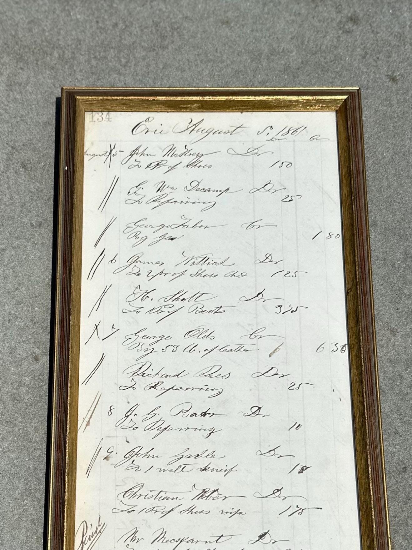 Vintage Framed 19th Century Store Sales Ledger Dated August 1861 Antique Ephemera 16x7