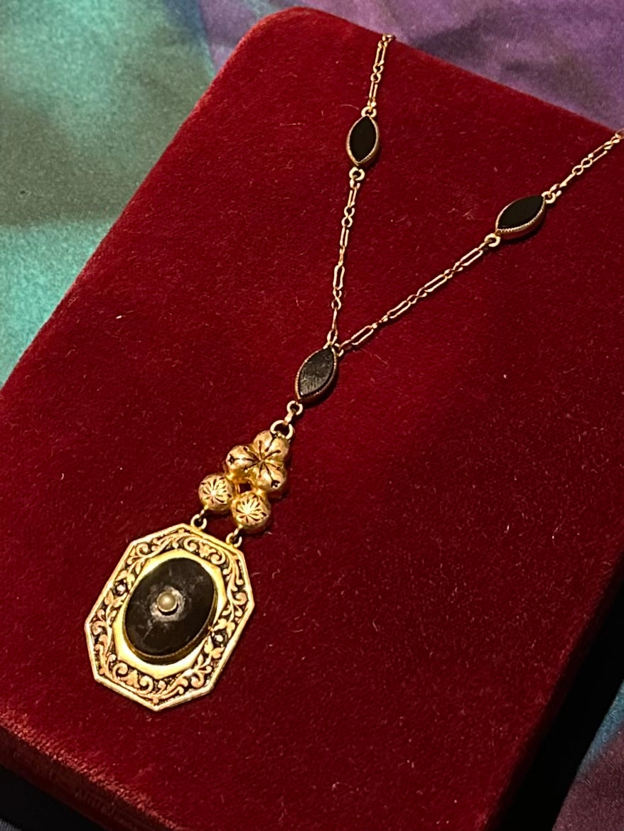 Antique Edwardian Era Gold Filled Black Onyx & Seed Pearl Pendant Necklace