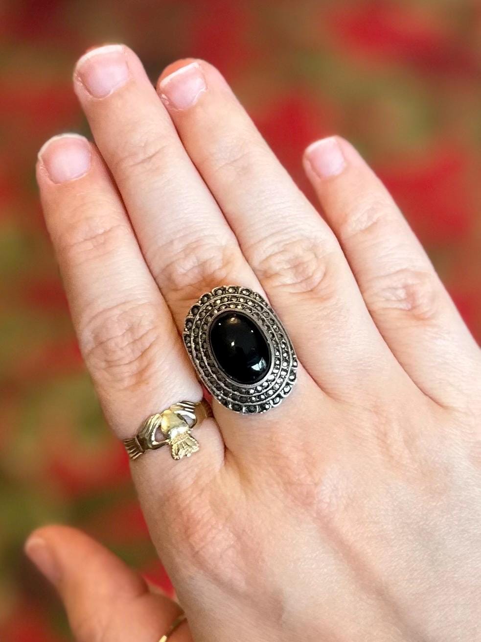 Vintage Art Deco Signed THEDA Sterling Silver Black Onyx Cabochon & Marcasite Statement Cocktail Ring US Size 6 1/2