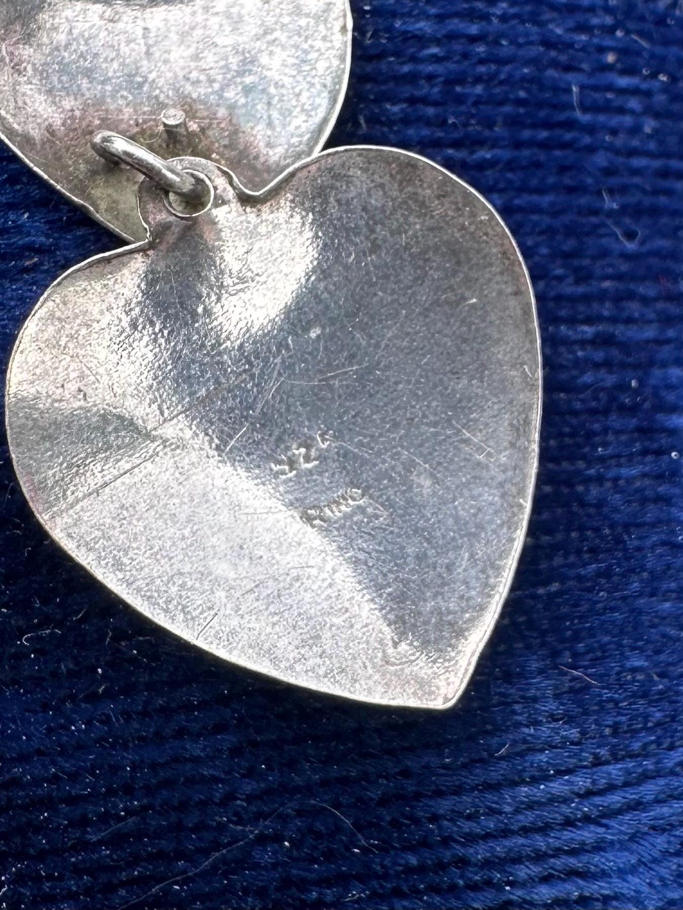 Vintage Sterling Silver Hand Engraved Three Graduated Hearts Dangle Drop Earrings
