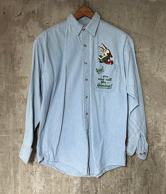 1995 Warner Bros. Studio Store Wile E. Coyote Genius Denim Button Shirt