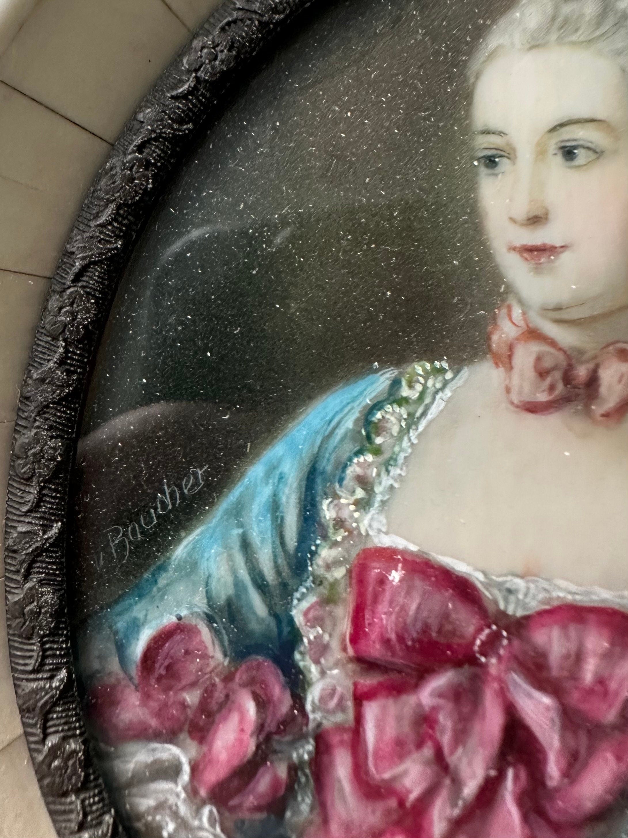 Antique 19th Century Hand Painted & Finely Detailed French Portrait of a Lady Mother of Pearl Frame V. Boucher