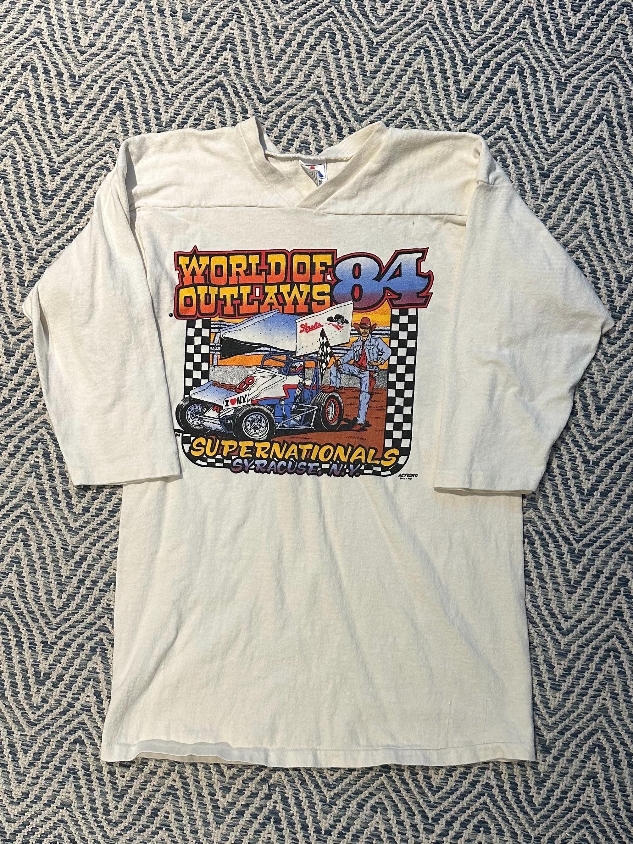 Vintage 1980s World of Outlaws 1984 Supernationals Syracuse NY Racing 3/4 Sleeve Ringer Tee Double Sided Schrum Graphic