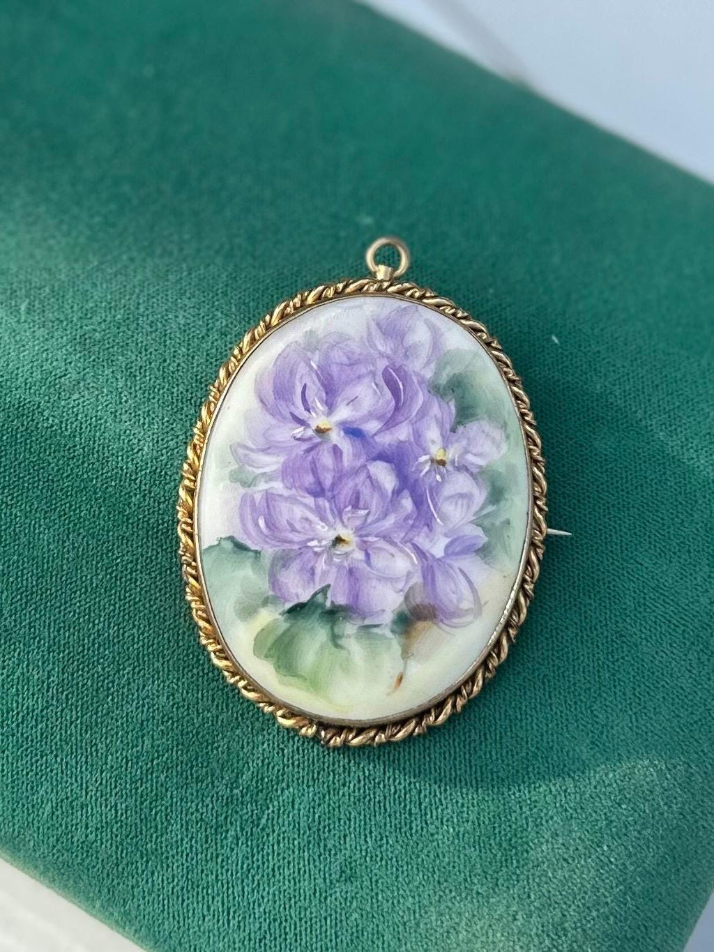 Antique Victorian Handpainted Floral African Violets Porcelain Gold Tone Brooch or Pendant C-Clasp