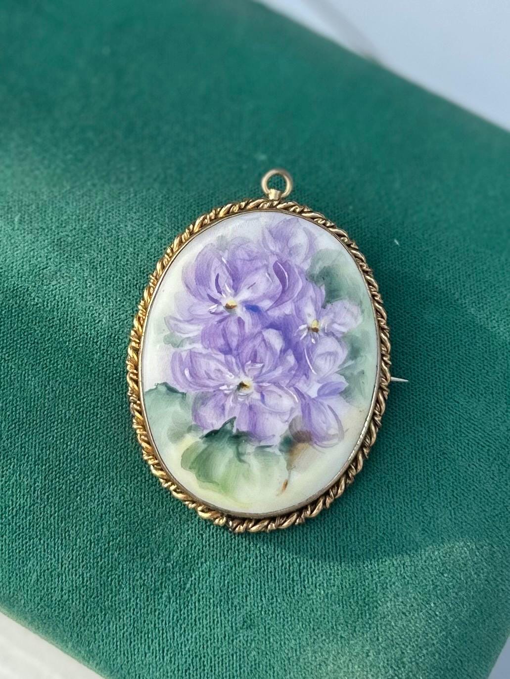 Antique Victorian Handpainted Floral African Violets Porcelain Gold Tone Brooch or Pendant C-Clasp