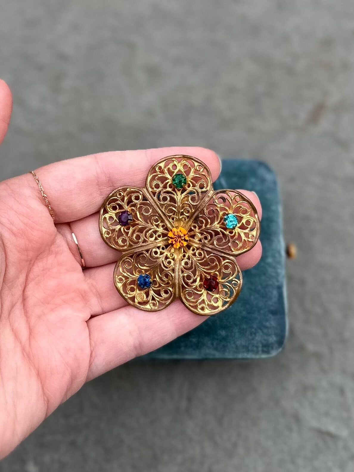 Vintage Midcentury Multicolor Rhinestone Gold Tone Filigree Openwork Flower Floral Brooch Pin