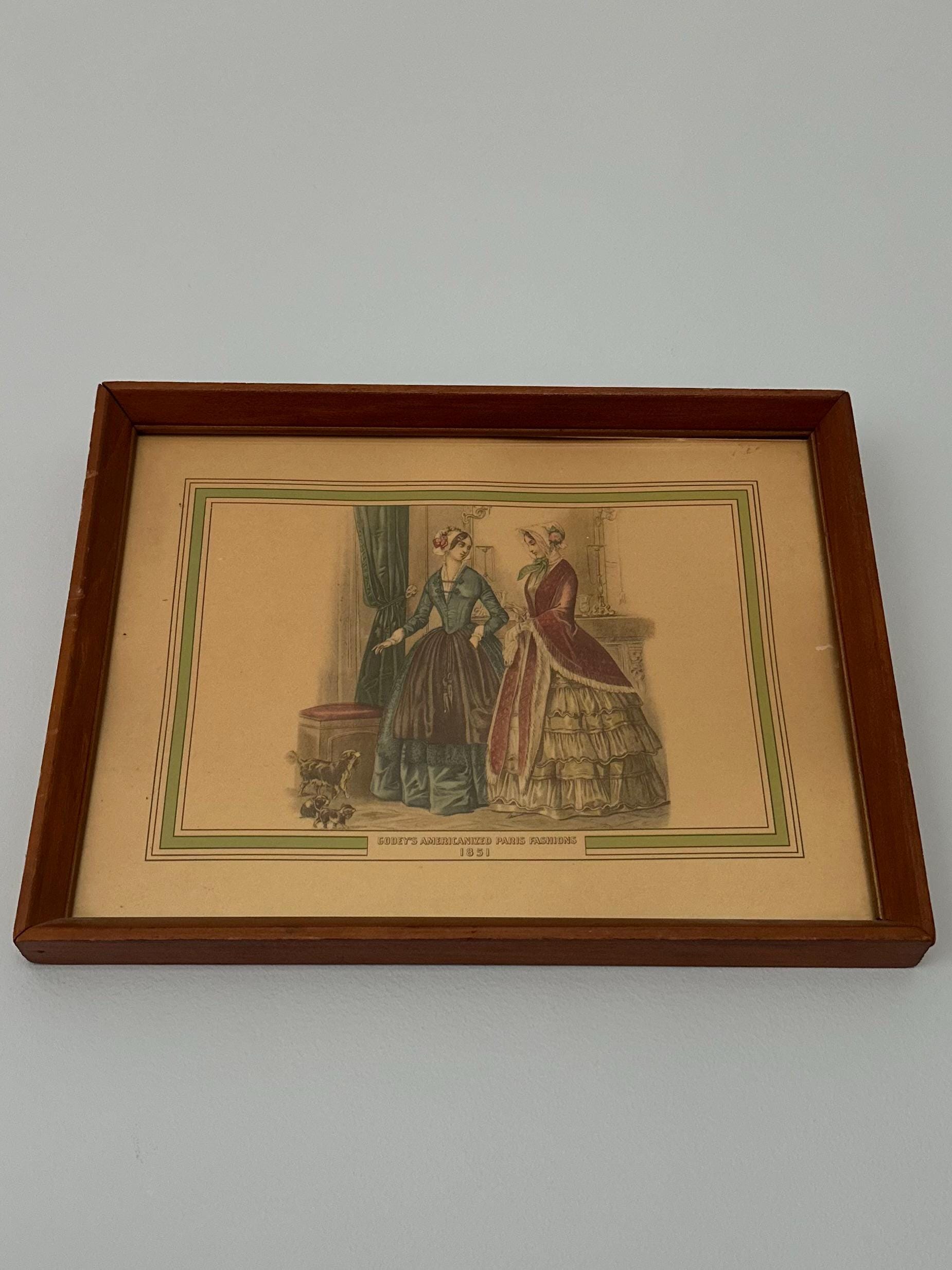 Vintage Wood Framed Godey’s Americanized Paris Fashions 1851 Colored Print 12.75x9.75