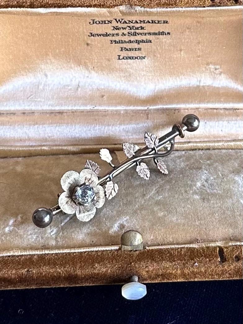 Antique Circa 19th Century Victorian Era Gold Filled Clear Paste Floral Leaf Vine Bar Pin Brooch C-Clasp