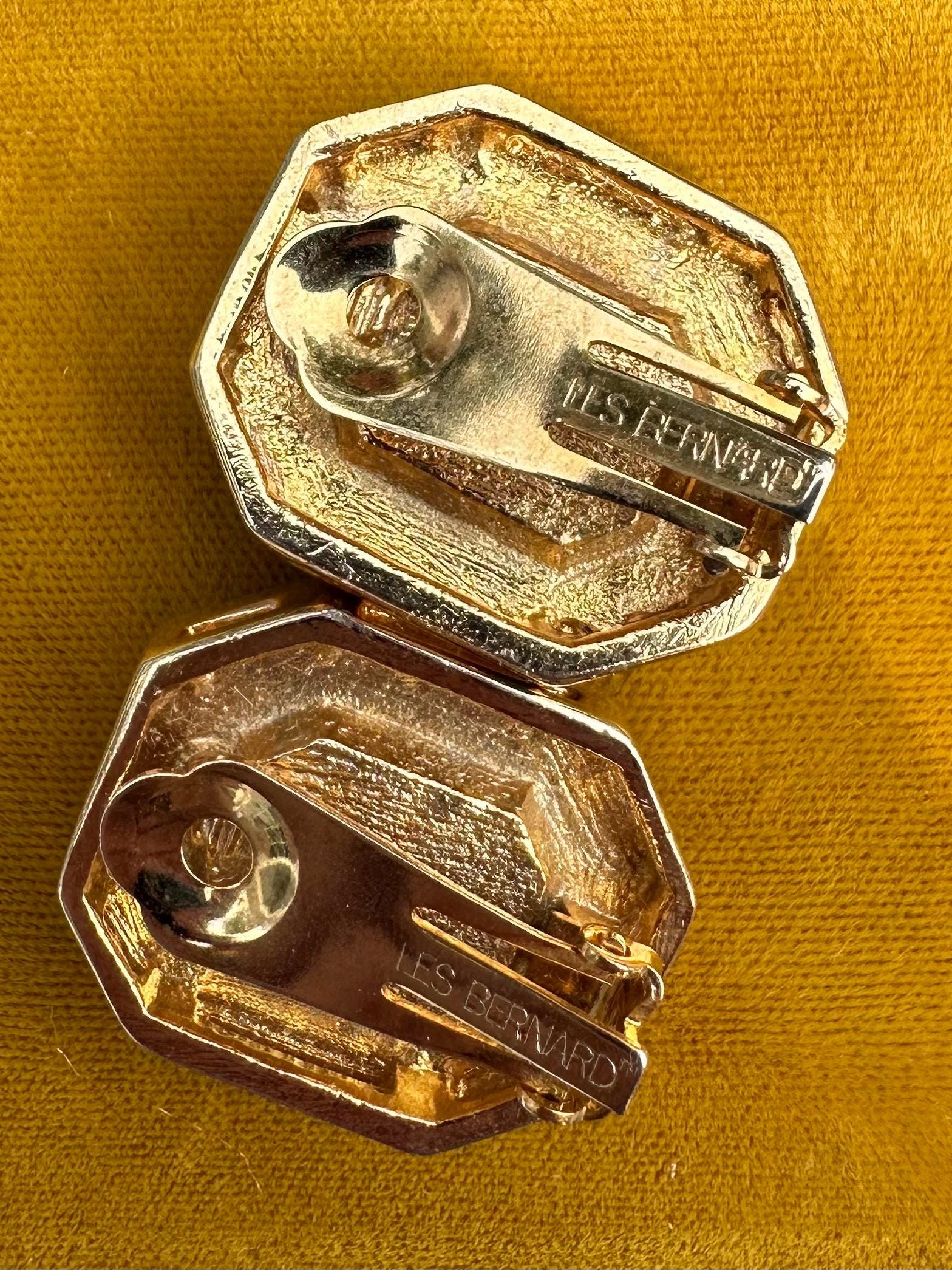 Vintage Signed LES BERNARD Large Faceted Orange Glass & Clear Rhinestone Gold Tone Octagonal Rectangle Statement Clip-on Earrings