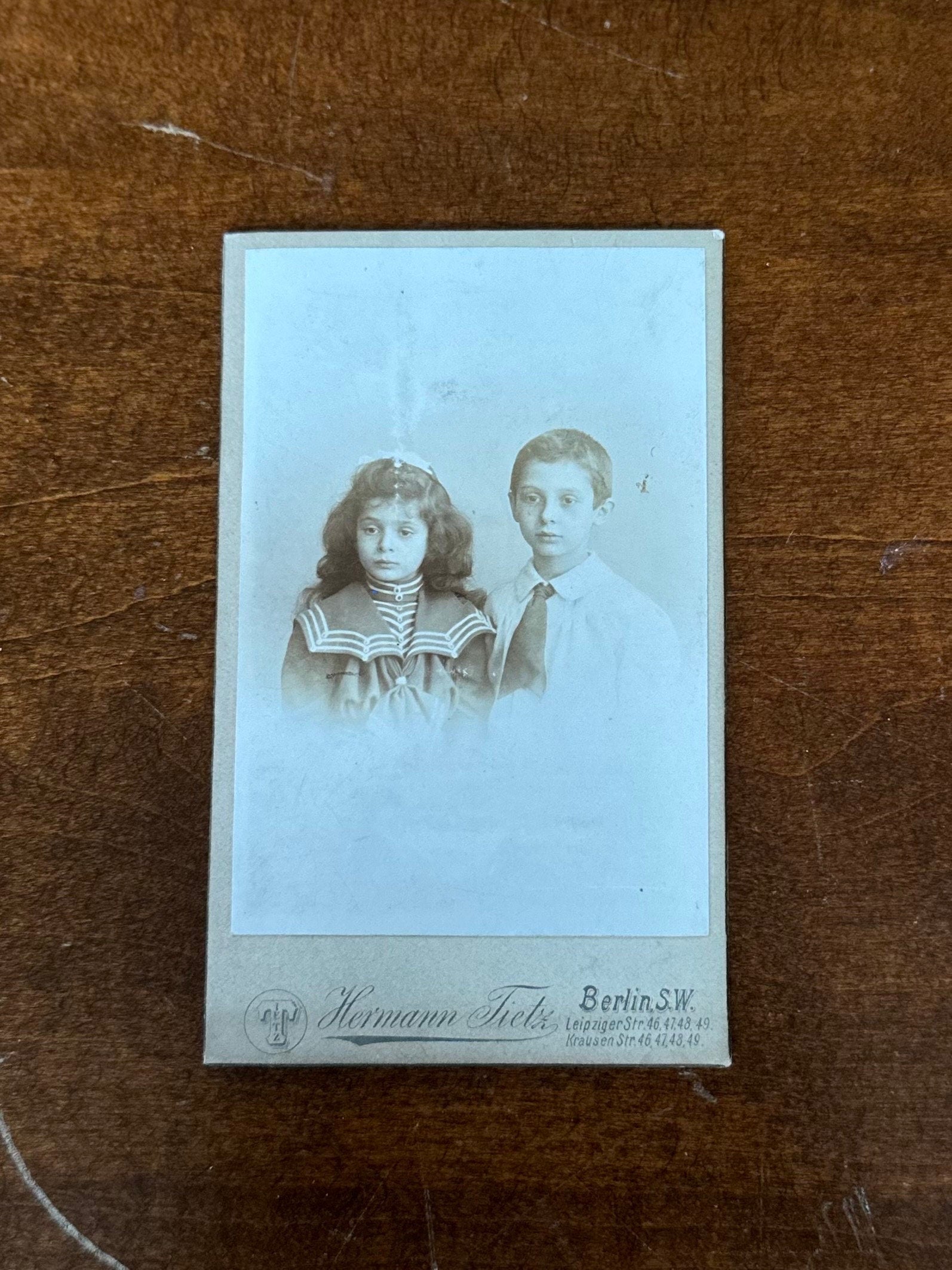 Antique 19th Century Hermann Tietz Berlin S.W. German Carte de Viste of Young Siblings Boy & Girl