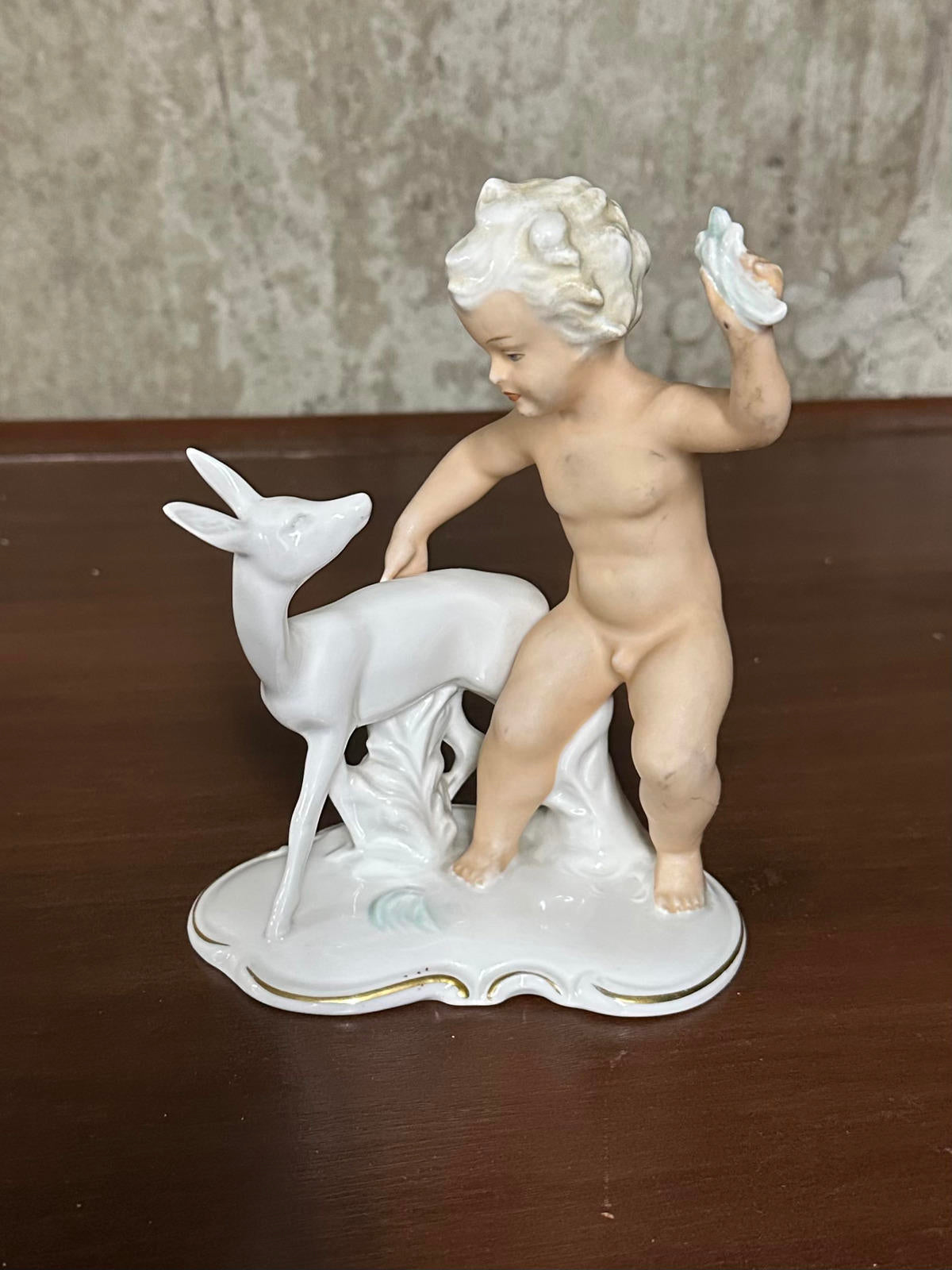1950s Schau Bach Kunst Germany Porcelain Cherub Boy with Deer Figurine