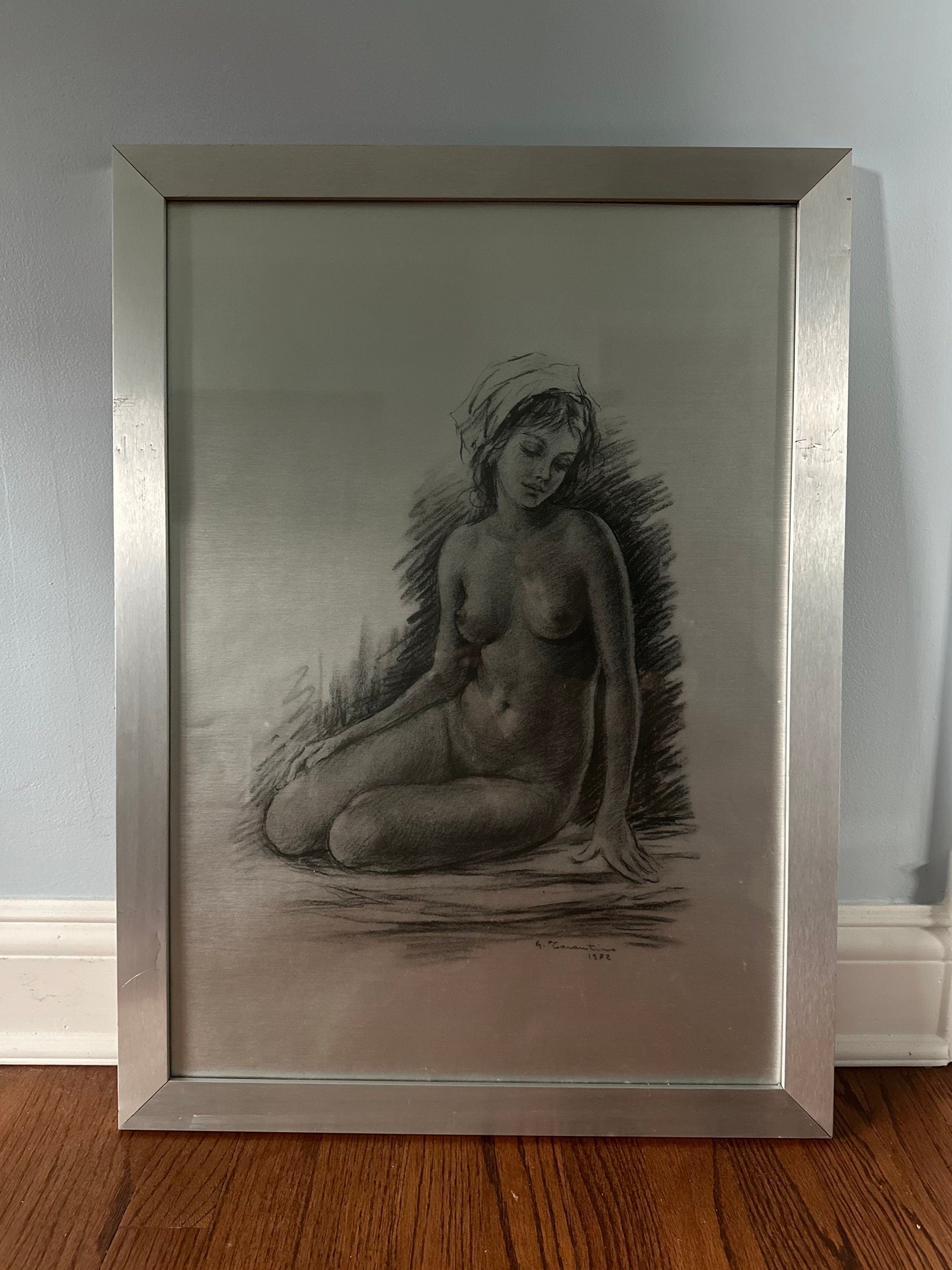 Vintage 1972 Signed & Dated Giuseppe Tarantino Nude Woman Framed 27x20 Large Midcentury