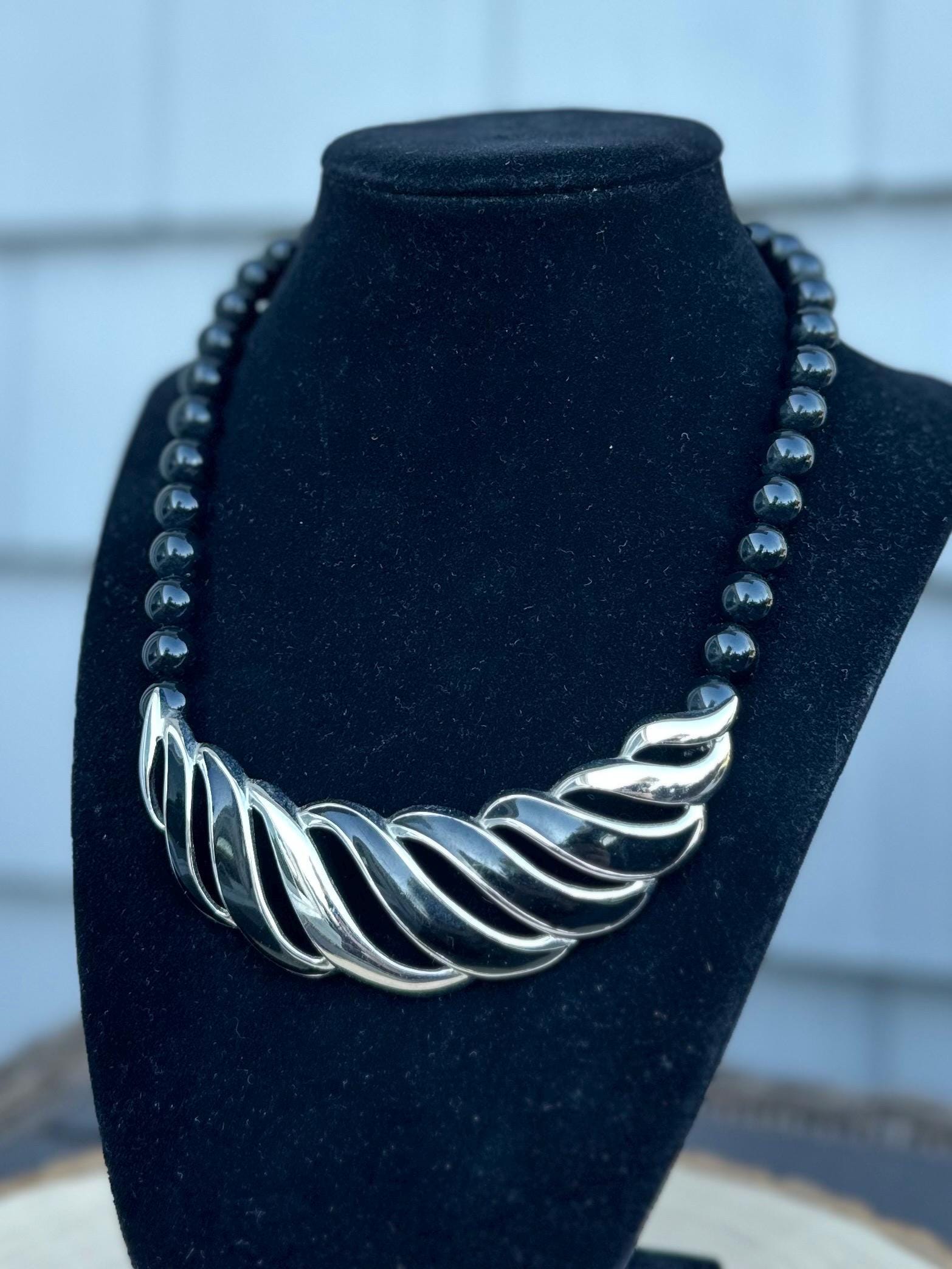 Vintage 1980s Signed MONET Black & Silver Tone Beaded Collar Bib Necklace 18” Adjustable