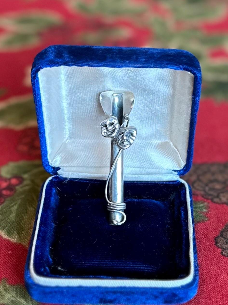 Vintage Signed REO Sterling Silver Comedy & Tradegy Drama Masks Cylindrical Flower Holder Brooch Pin Theater Boutonnière