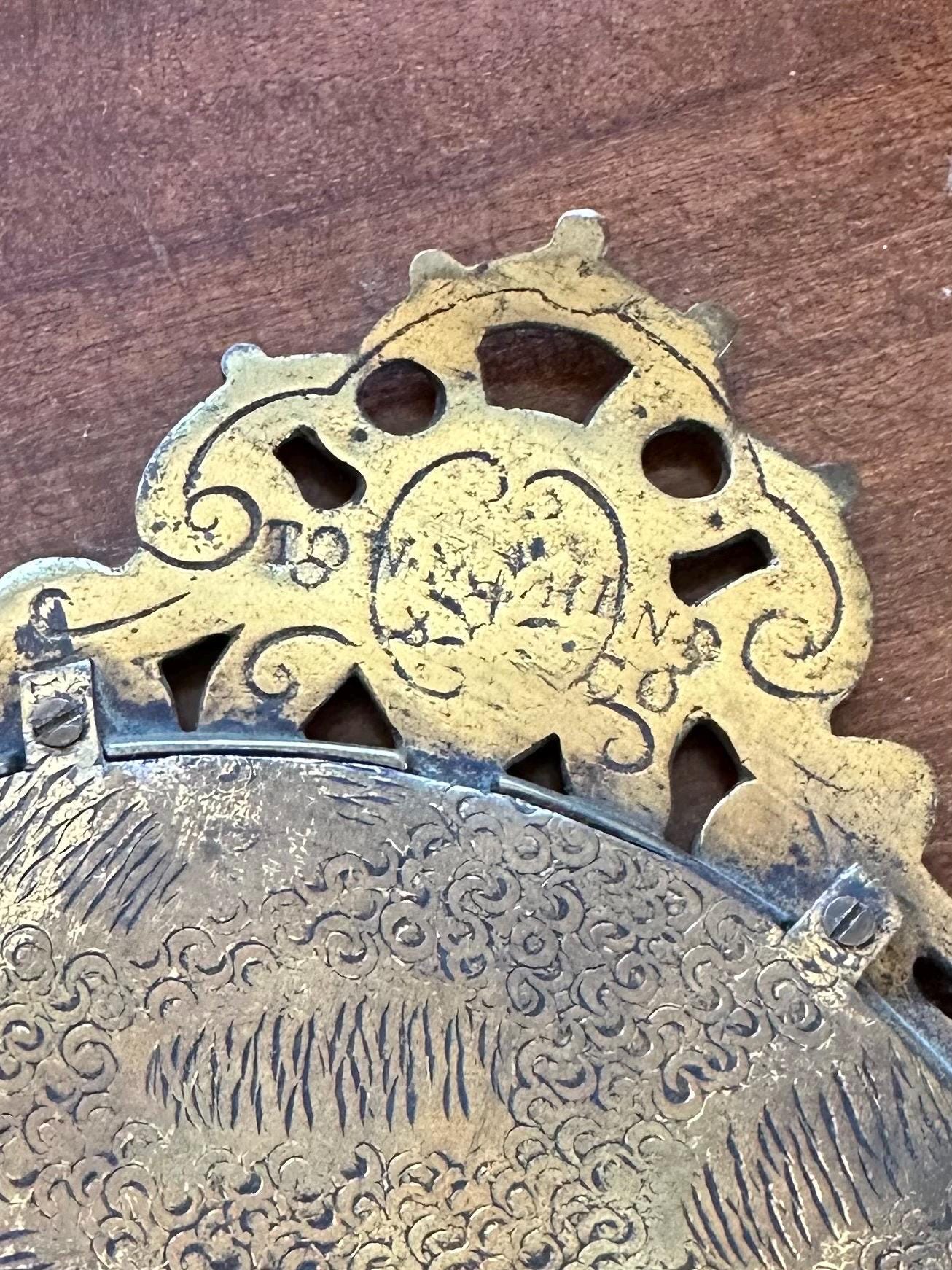 RARE 19th Century Antique Victorian Brass & Black Ebony Wood Beveled Glass Vanity Hand Mirror with Florals, Vines, and Lady Head Art Nouveau