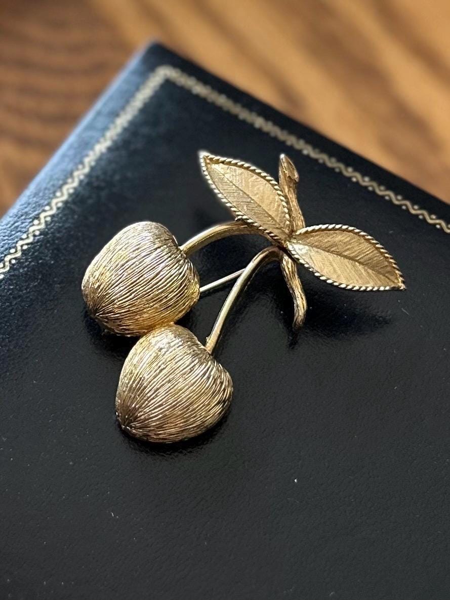 Vintage 1960s Signed SARAH COVENTRY Brushed Gold Tone Cherry Brooch Midcentury