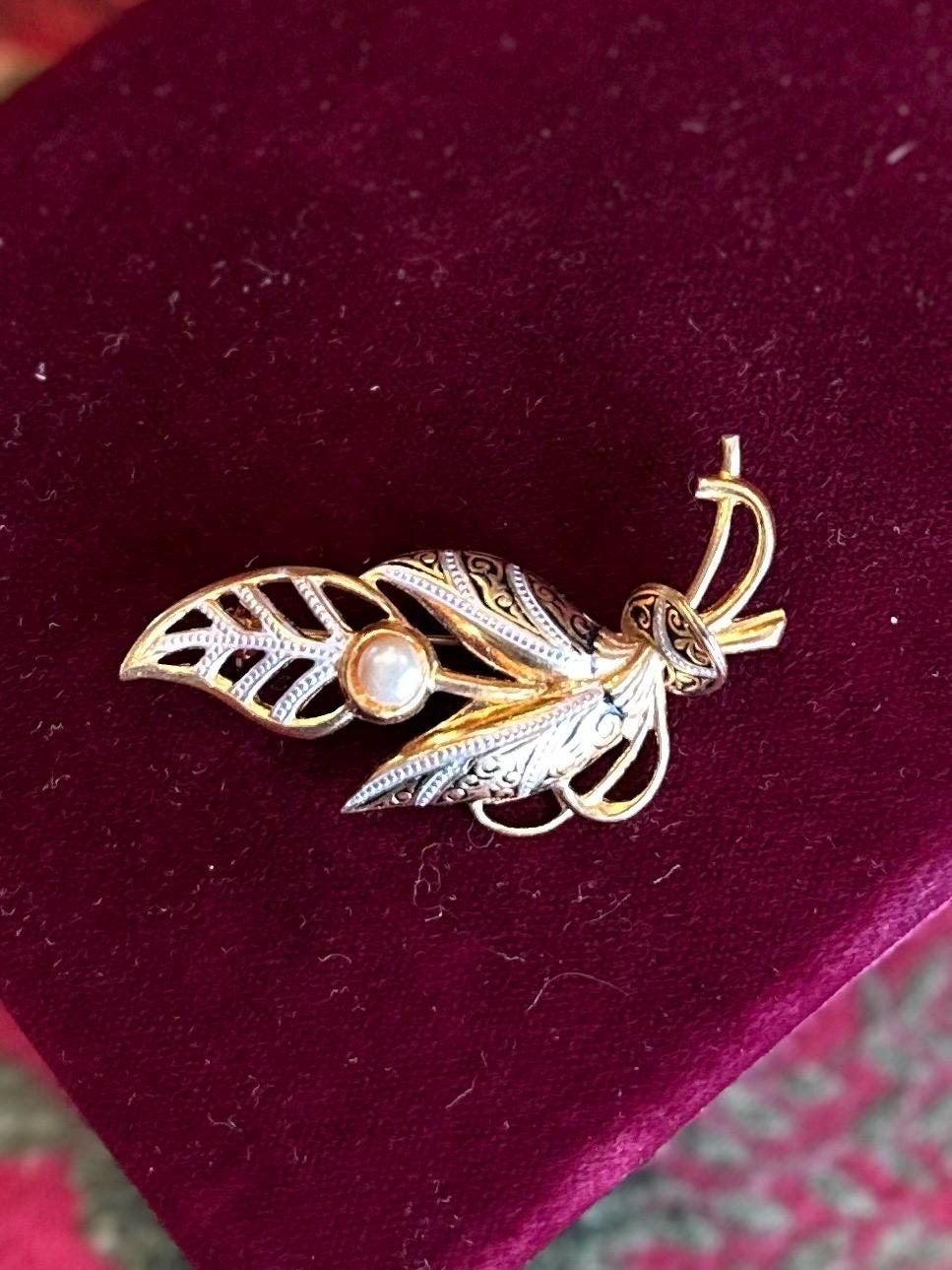 1970s Spanish Damascene Toledo Gold Tone Silver Tone & Black with Faux Pearl Brooch