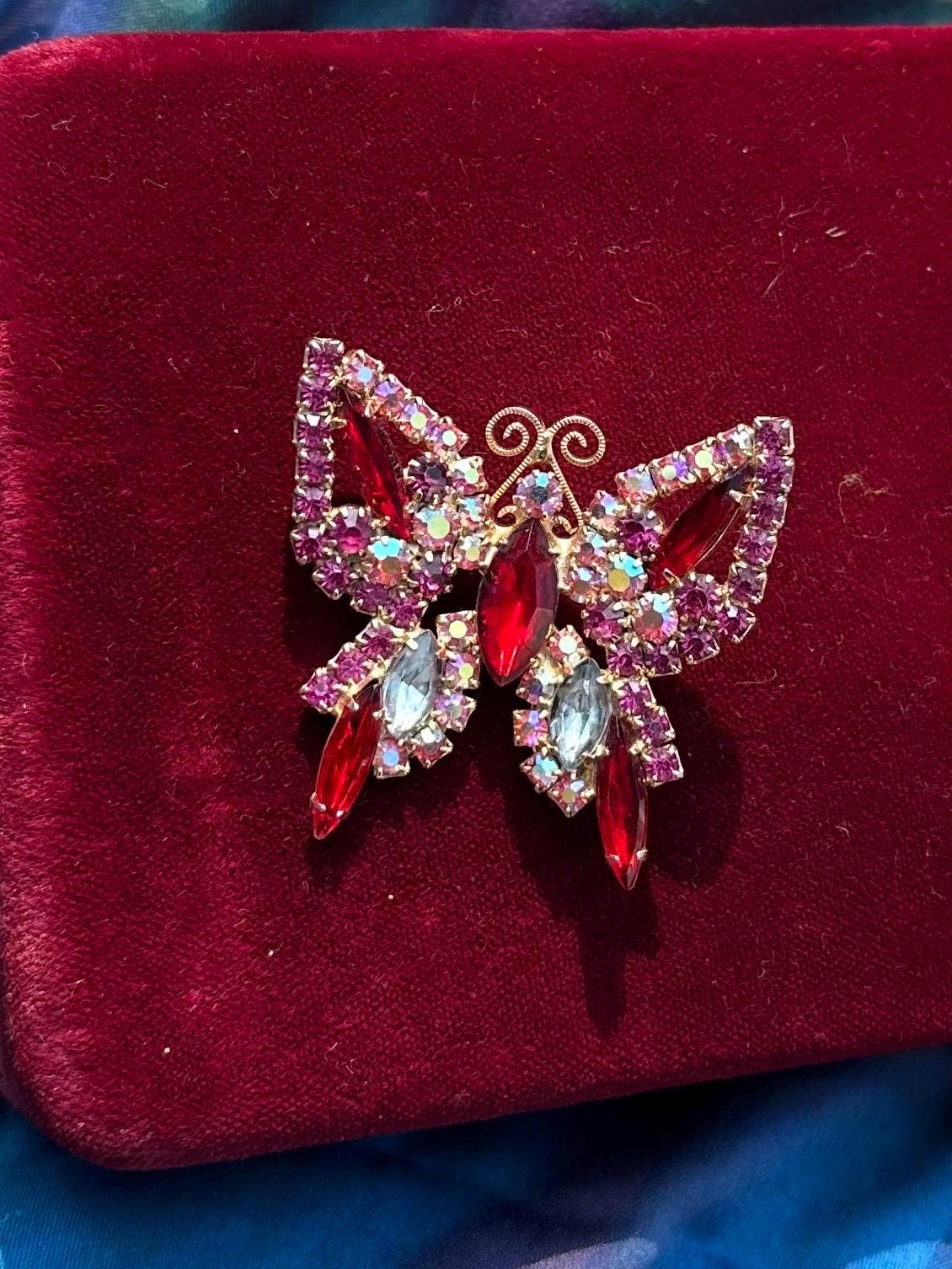Vintage Midcentury Red, Pink & Aurora Borealis AB Faceted Rhinestone Butterfly Brooch Gold Tone