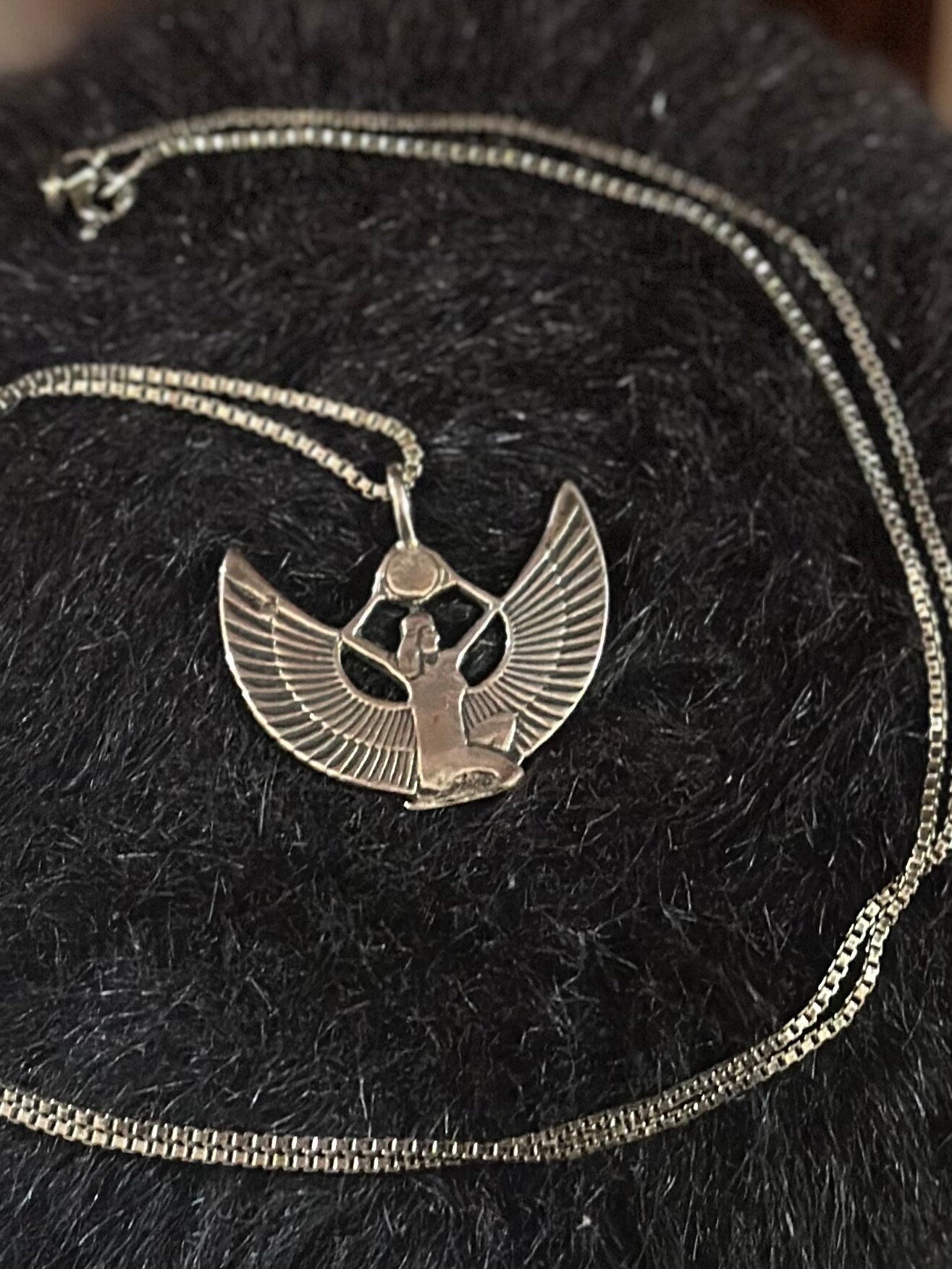 Vintage Sterling Silver Egyptian Revival Isis Goddess Pendant Necklace