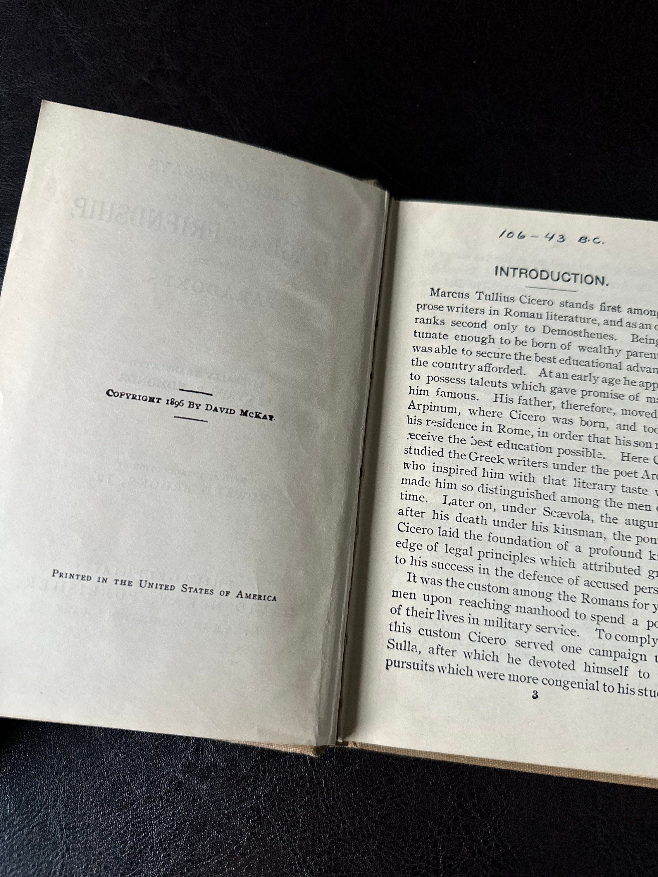 Antique 1896 Cicero's Essays on Old Age and Friendship, Also His Paradoxes Hardcover Cloth Binding Pocket Book David McKay, Publisher