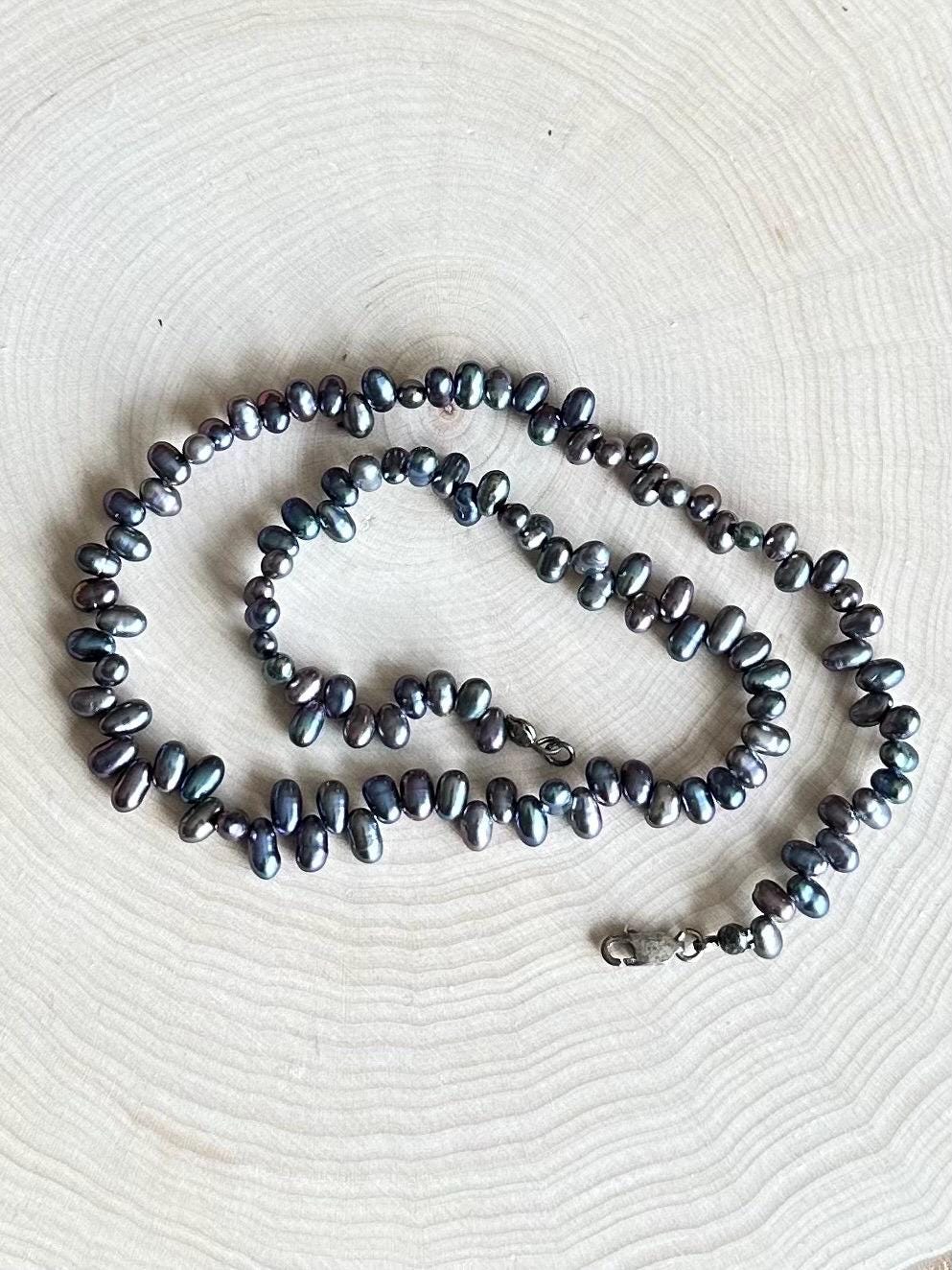 Vintage Genuine Black Freshwater Pearl Beaded Sterling Silver 925 Necklace 16.75”