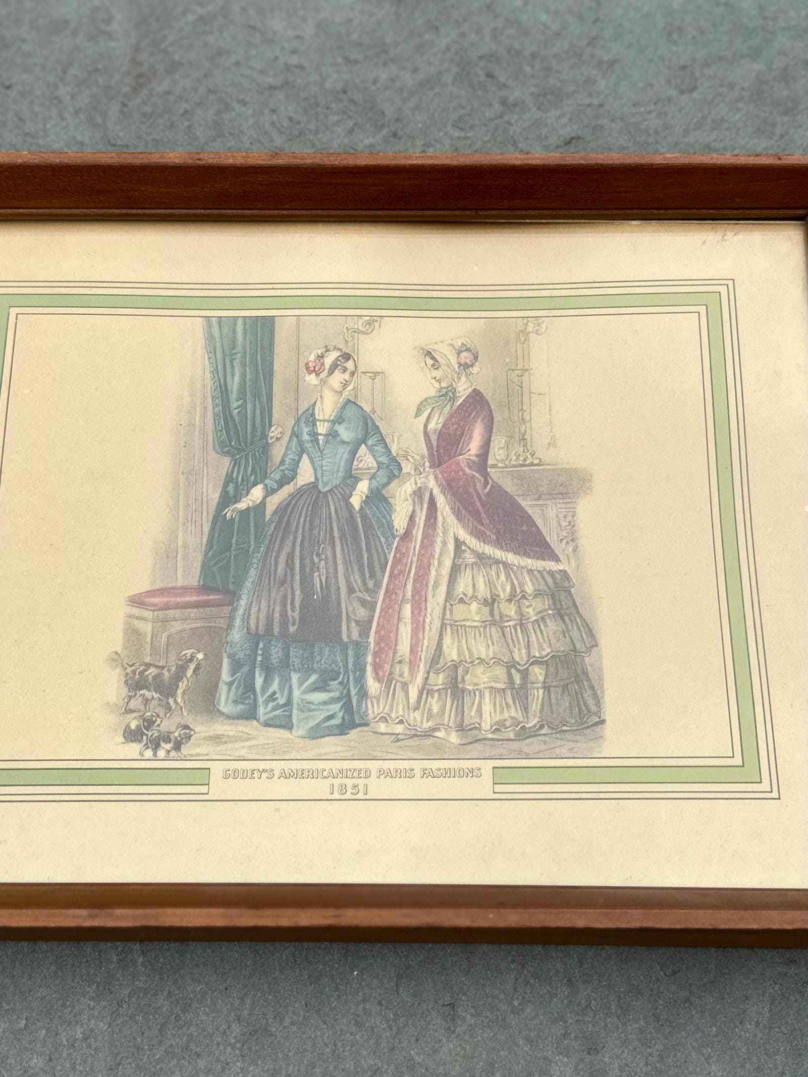 Vintage Wood Framed Godey’s Americanized Paris Fashions 1851 Colored Print 12.75x9.75
