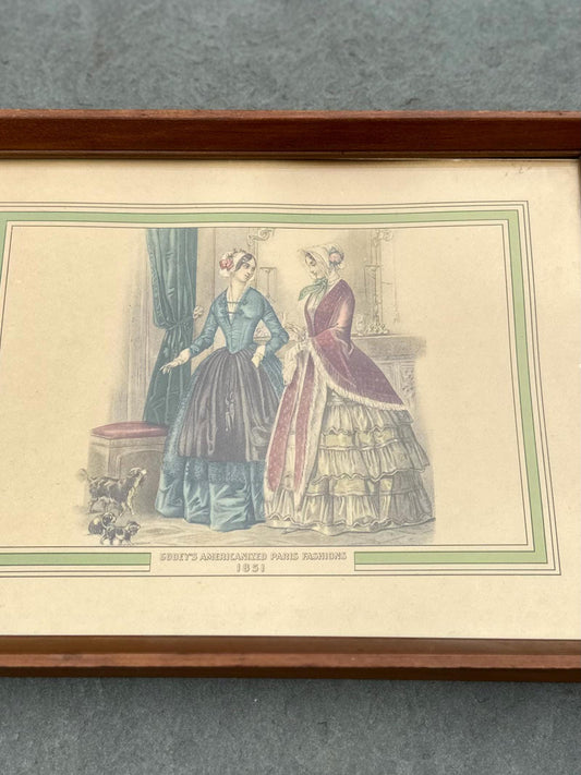 Vintage Wood Framed Godey’s Americanized Paris Fashions 1851 Colored Print