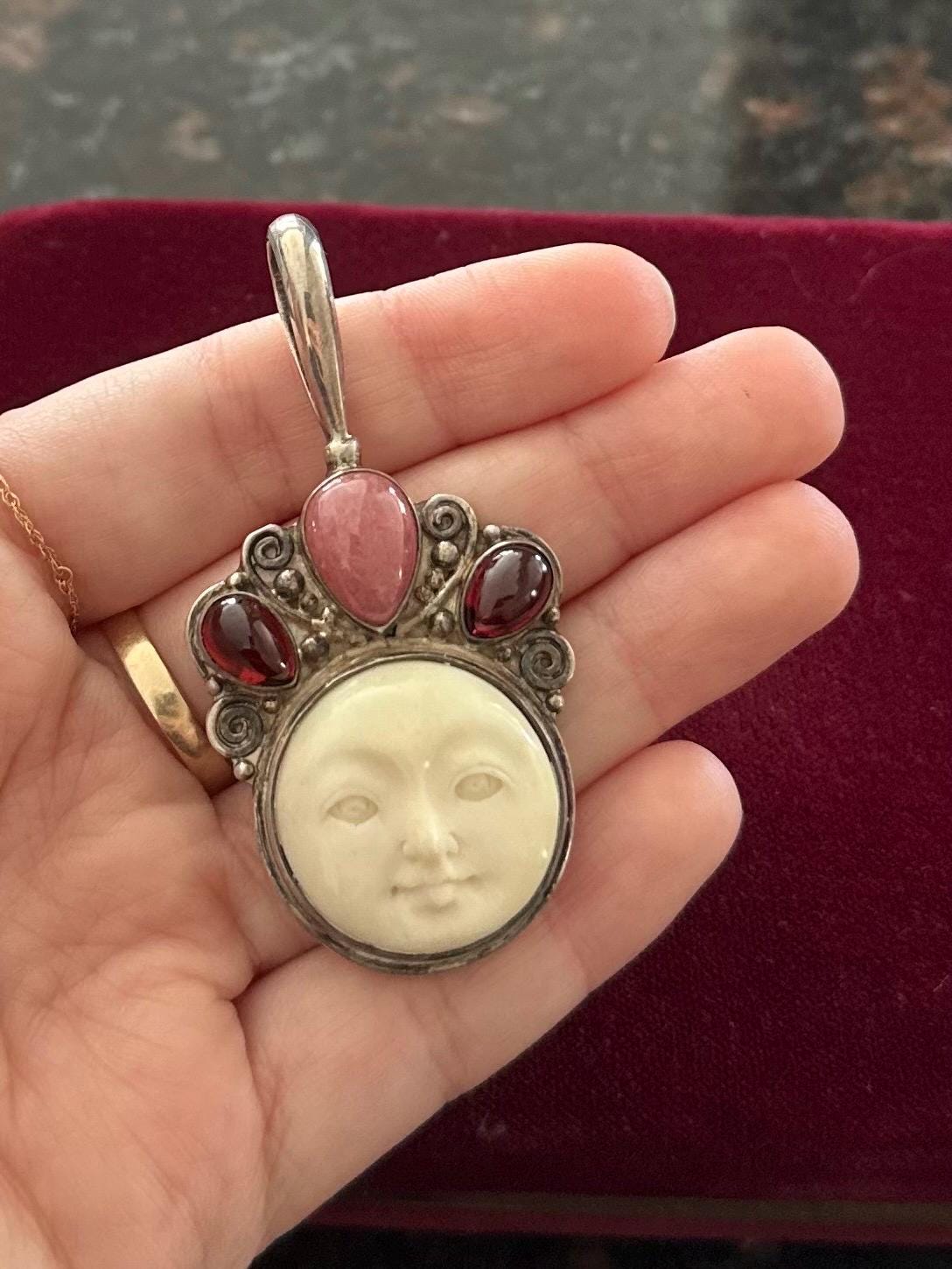 Vintage Signed SAJEN Sterling Silver & Carved Bone Moon Face with Cabochon Gemstones Statement Pendant Balinese