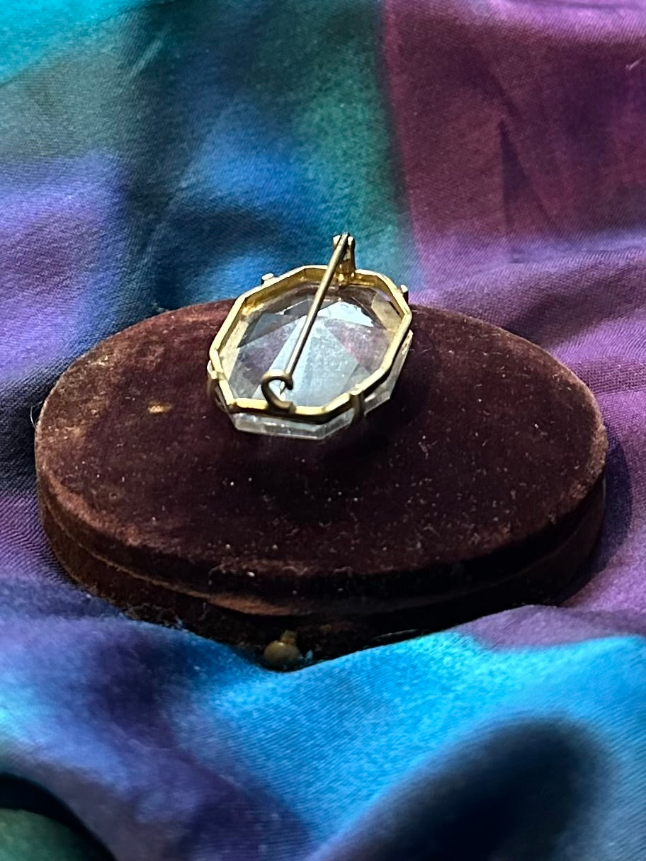 Antique Art Deco Czechoslovakia Faceted Clear Cut Glass Octagonal Gold Tone Brooch Pin