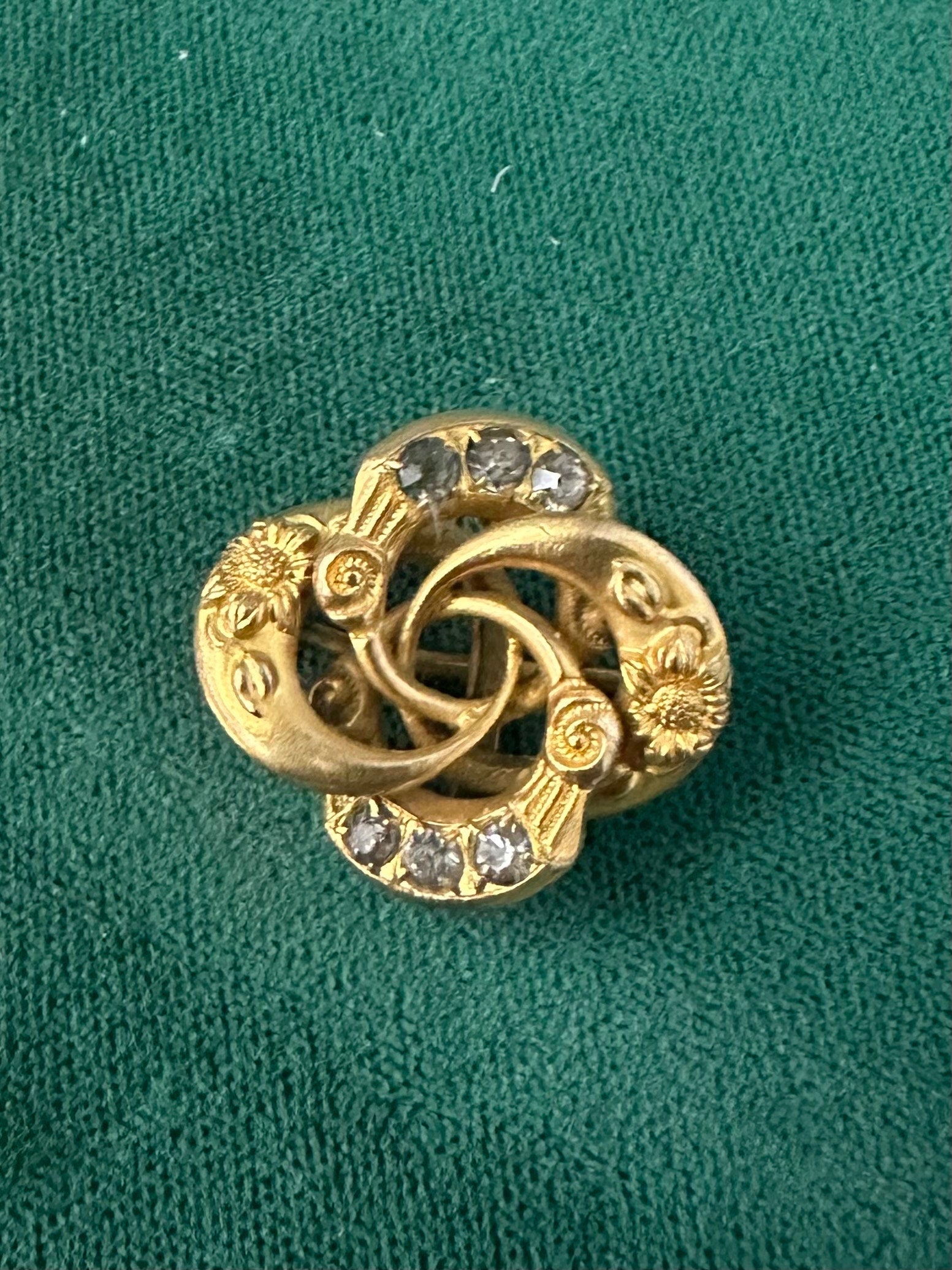 Antique Victorian Gold Tone Rhinestone Floral Love Knot Pin