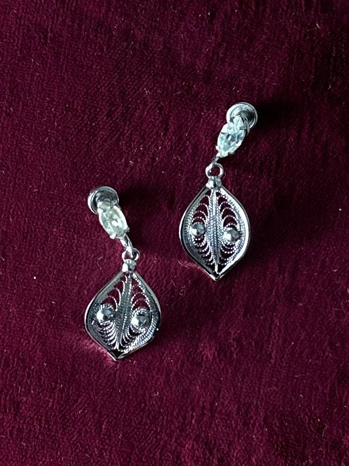 Vintage 1950s Signed ESPO FLEX Sterling Silver Filigree & Marquise Rhinestone Screw-back Earrings