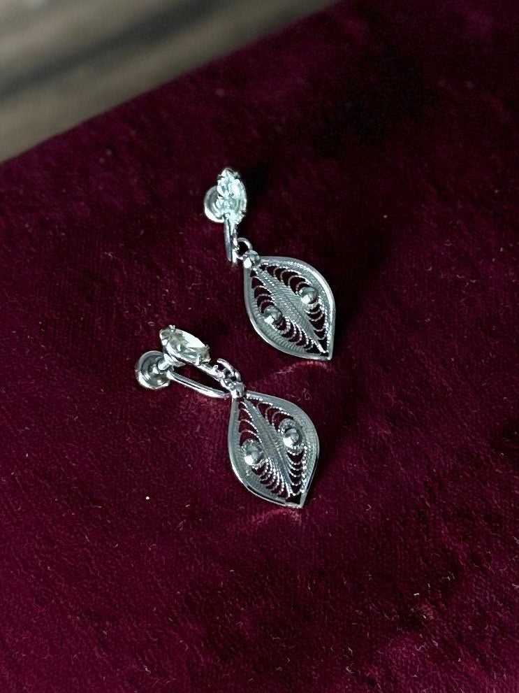 Vintage 1950s Signed ESPO FLEX Sterling Silver Filigree & Marquise Rhinestone Screw-back Earrings