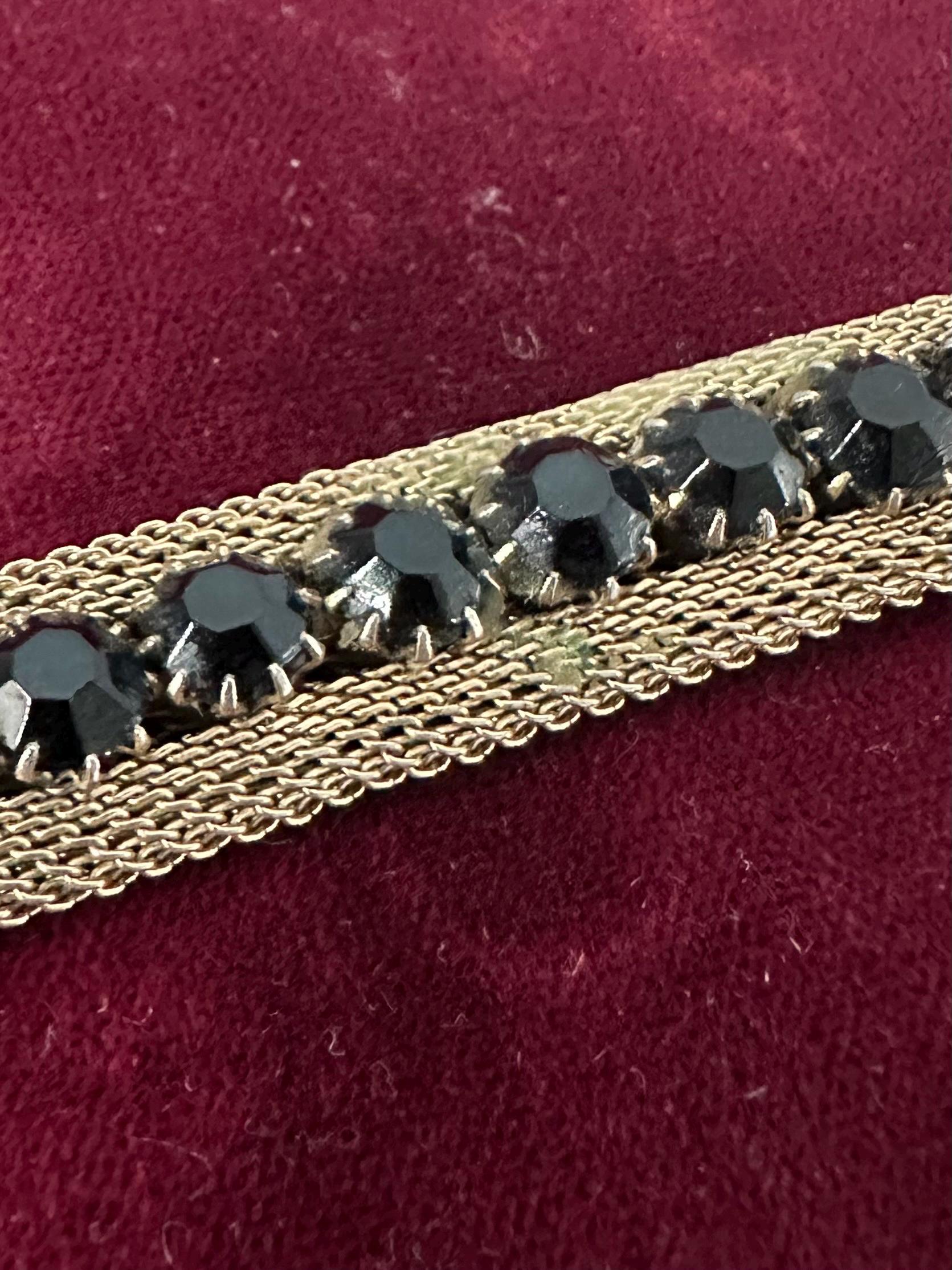 Vintage 1950s WEISS Signed Faceted Black Glass Gold Tone Mesh Bracelet 7”