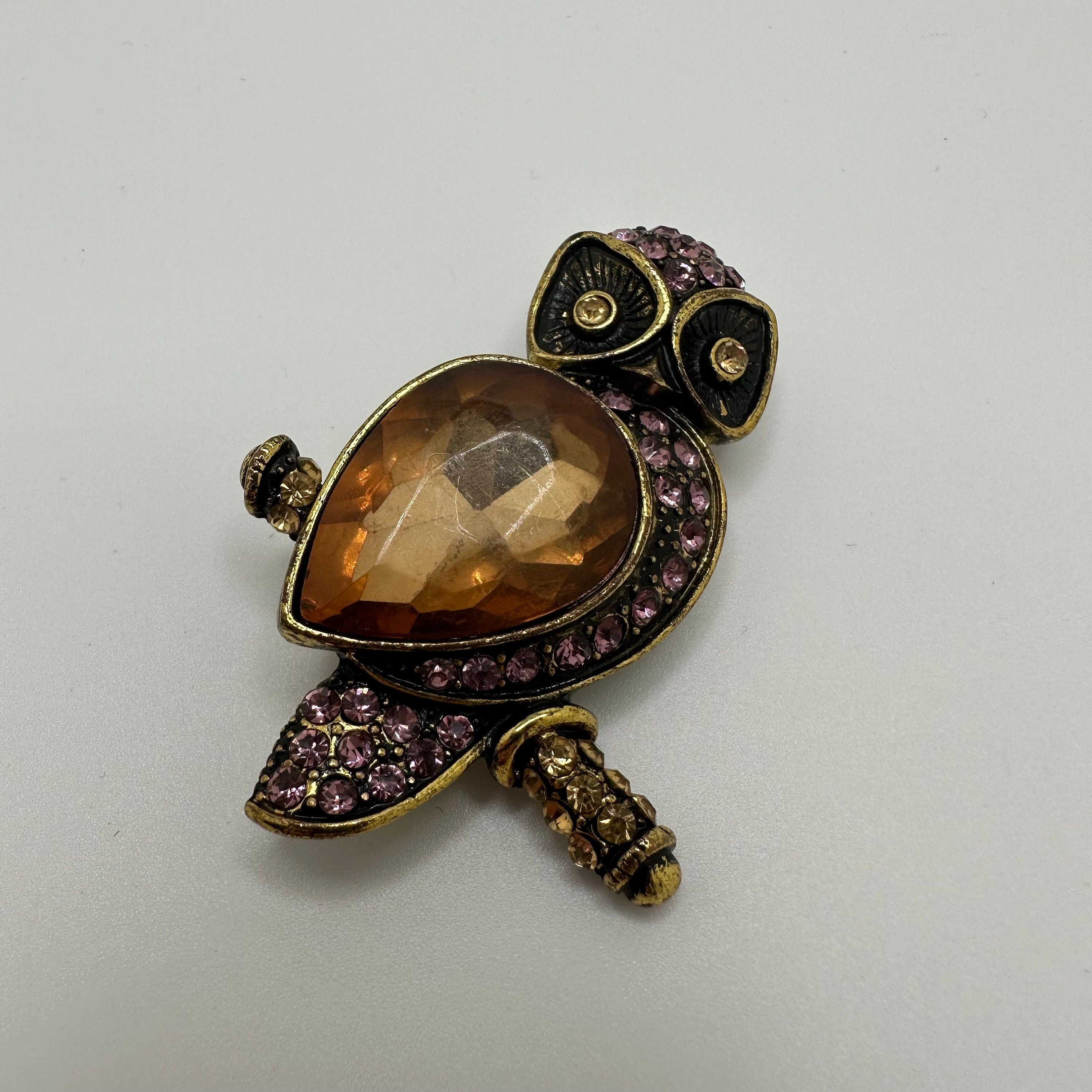Vintage Signed Monet Gold Tone Owl Brooch Pin with Pink Rhinestones Large Orange Faceted Stone