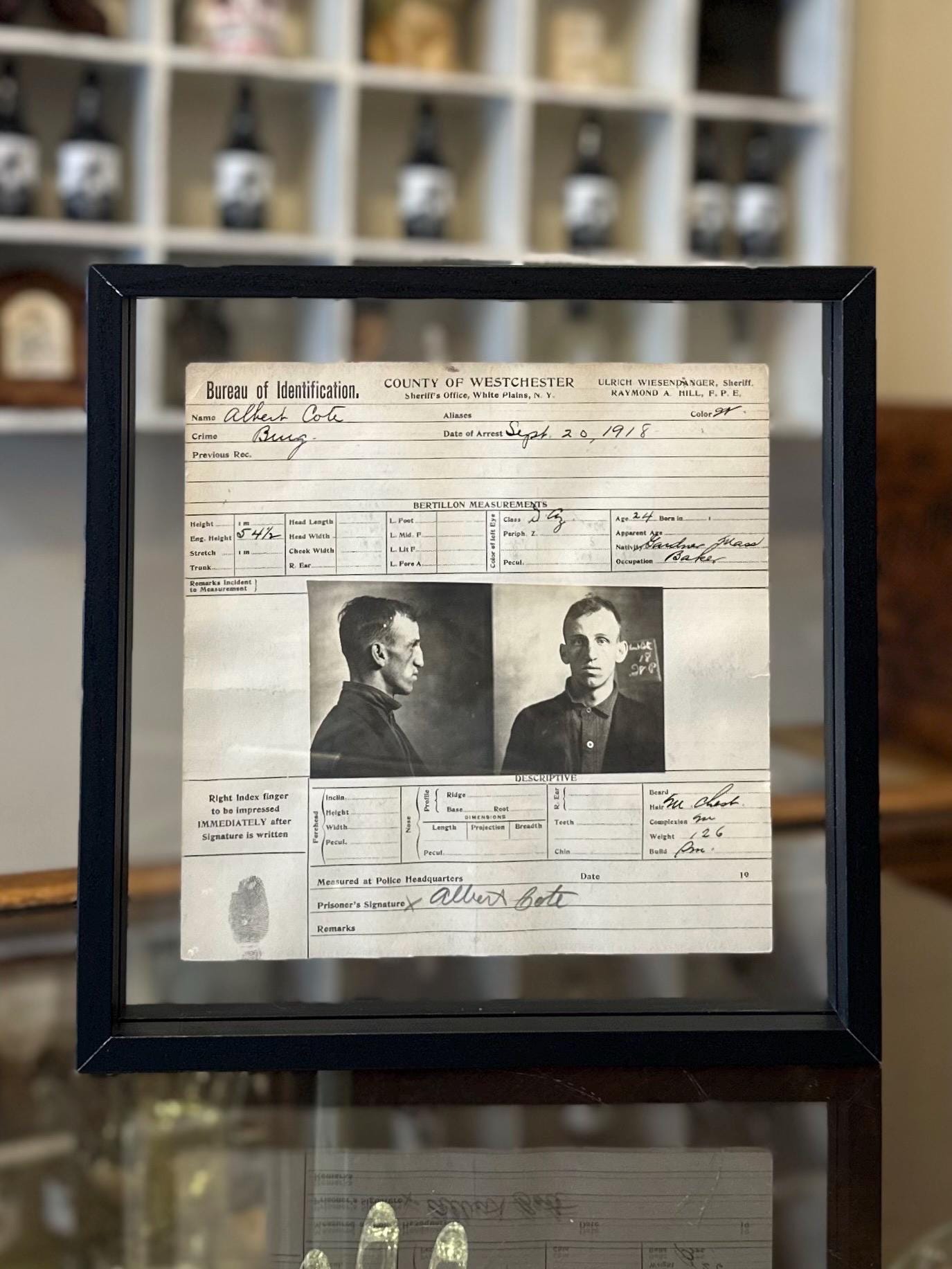 Double Sided Glass Framed Original Antique 1918 Bureau of Identification Mug Shot & Arrest Sheet for Albert Cote Burglary Westchester NY