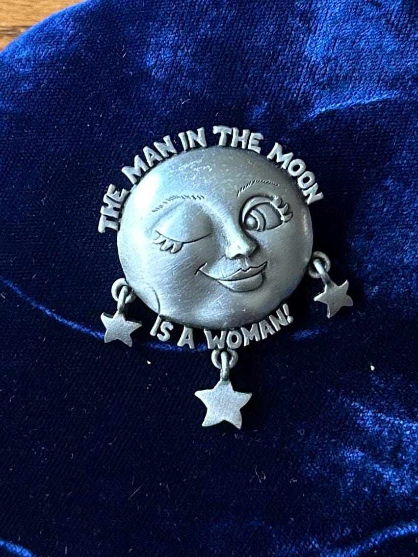 Vintage 1980s Signed JJ Jonette The Man in the Moon is a Woman Celestial Moon & Stars Silver Tone Brooch Feminist