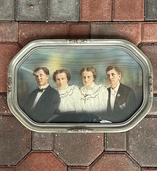Antique Edwardian Convex Glass Framed Hand Tinted Dual Couple Family Portrait